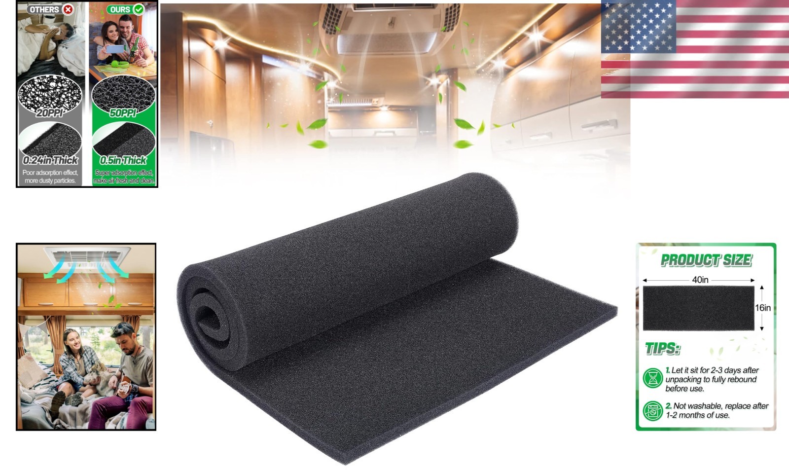 High-Performance 50PPI RV AC Replacement Filter – 40″x16″x0.5″ Adaptable Fit