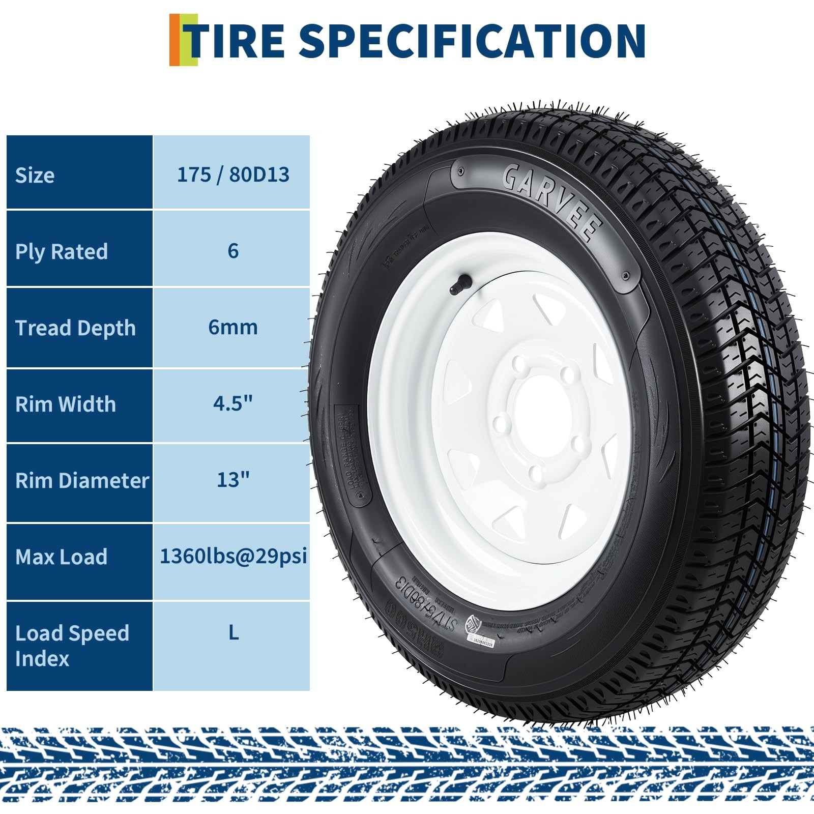 4PCS Trailer Tires ST175/80D13 6PR 5 Lug 4.5″ ,13″ Rims White Wheel Load Range C