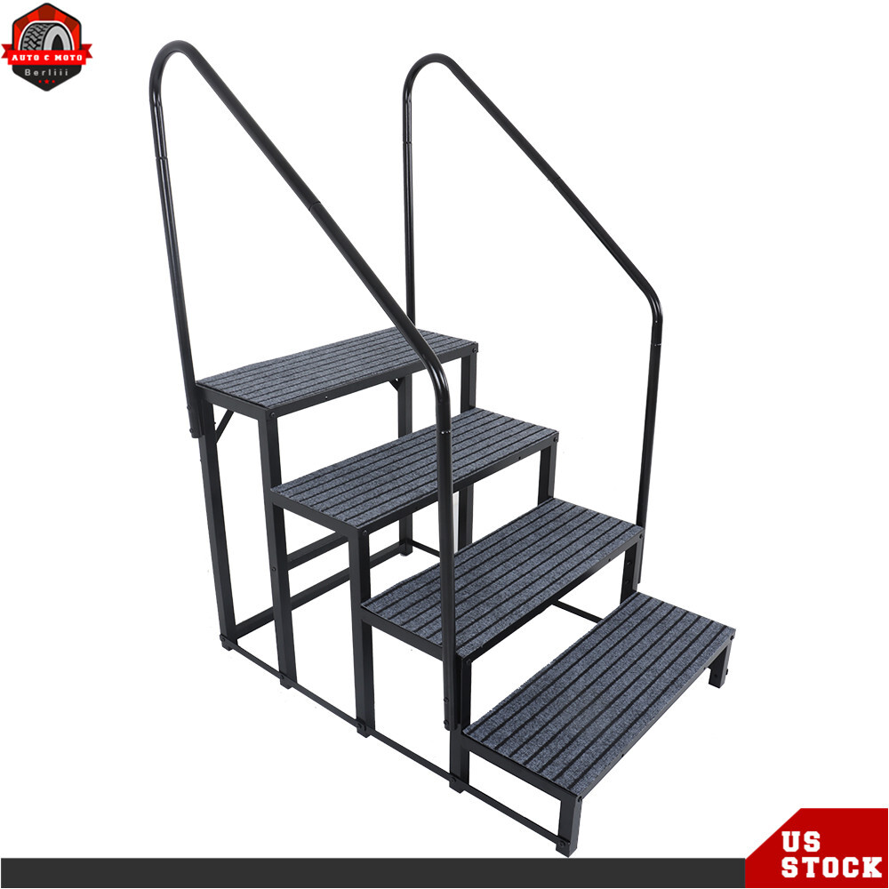 2 Steps/3 Steps/4 Steps RV Steps Outdoor Stairs w/ Handrails & Non-Slip Step Mat
