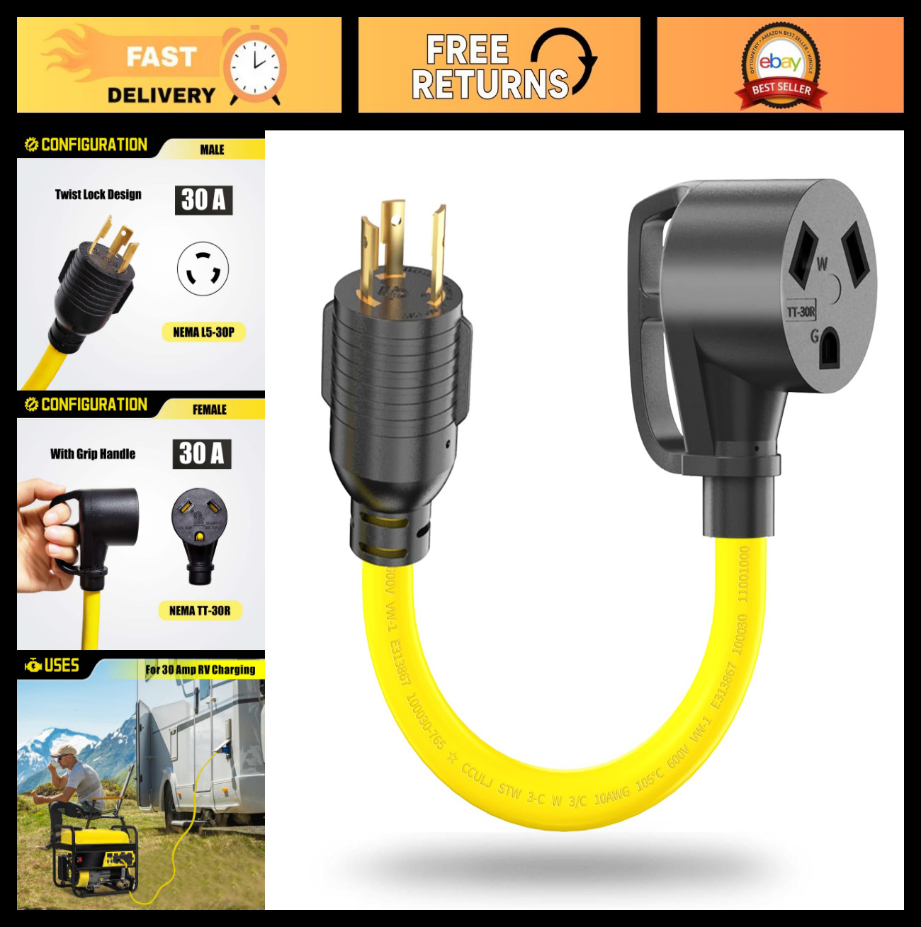 30 Amp Twist Lock RV Adapter Cord, NEMA L5-30P to TT-30R for Trailer & Generator