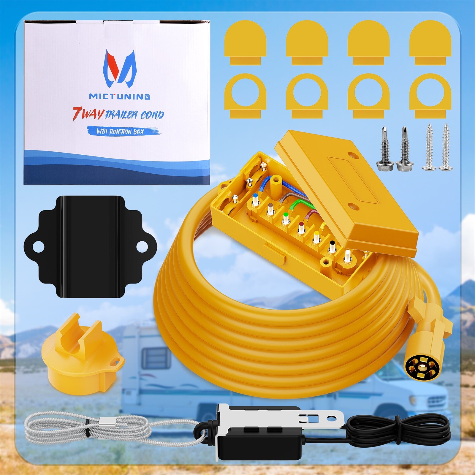 Heavy Duty 7 Way 12 Feet Trailer Cord, Include 12V Breakaway Switch and Plug Kit