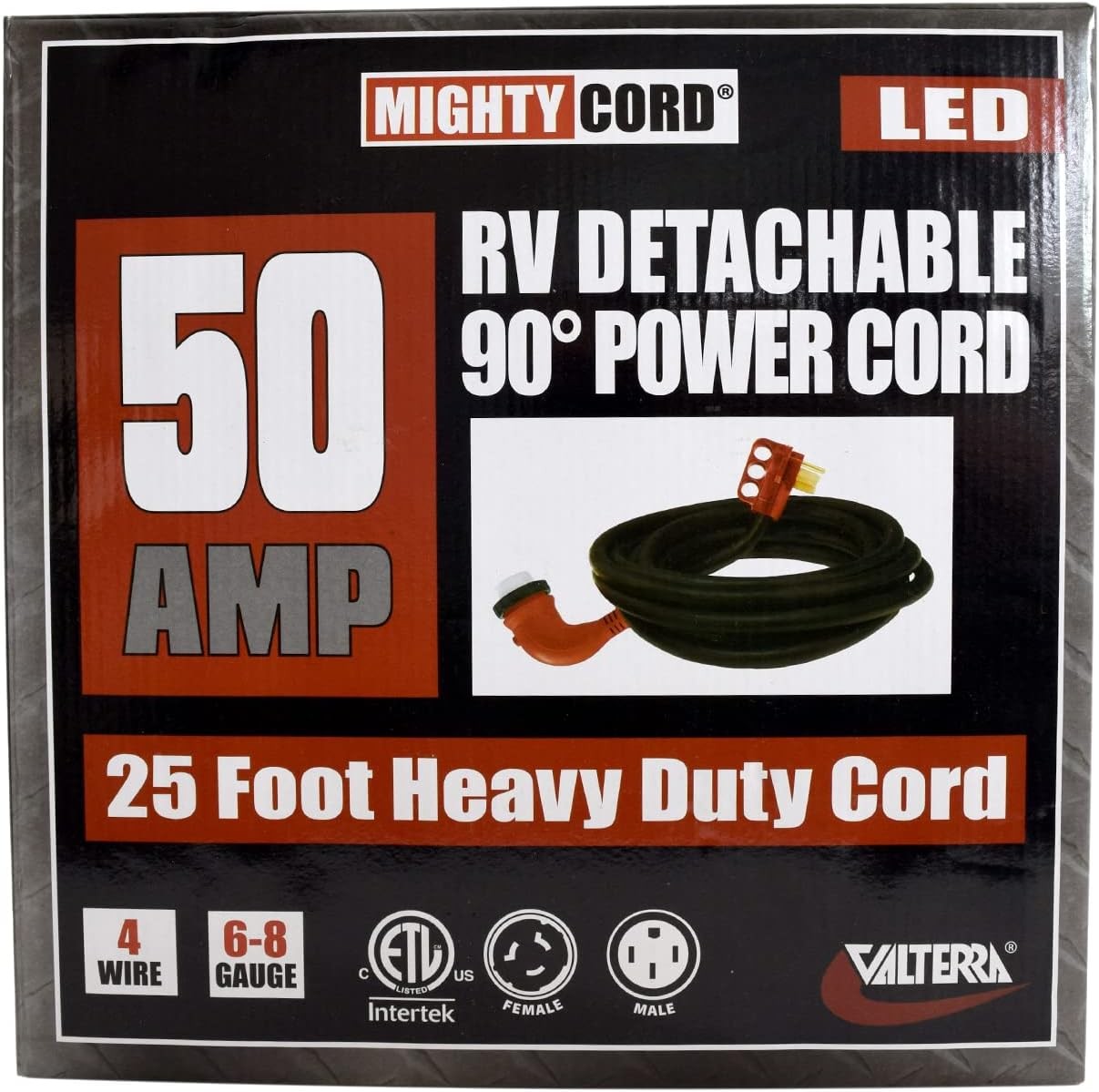 RV 50Amps 90° Detachable Power Cord 25Foot Male-to-Female Type H Red for Camper