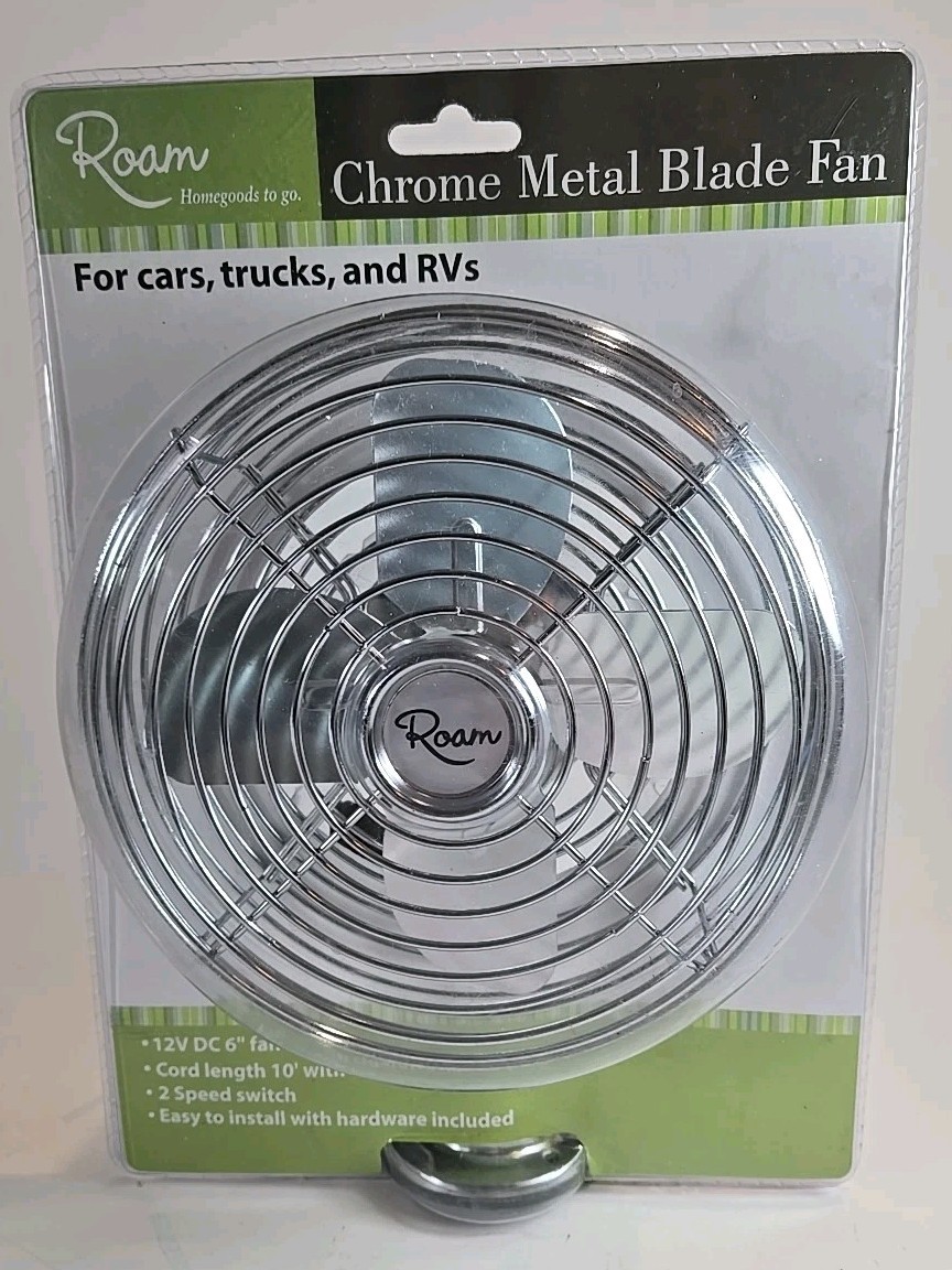 Roam Chrome Metal Blade Fan for RV 12V DC 6″ 2 Speed 10′ Cord Cig Lighter Plug