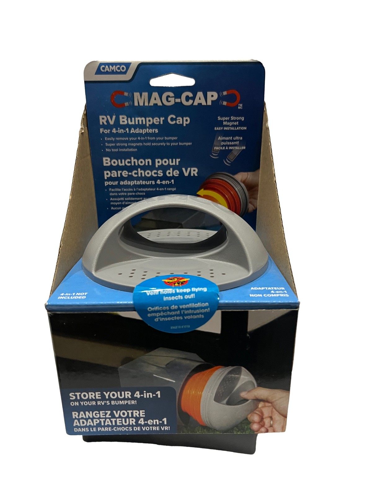 Camco 40335 Mag-Cap Magnetic RV Bumper Cap 4-in-1 Adapter Storage 4″ Square NEW