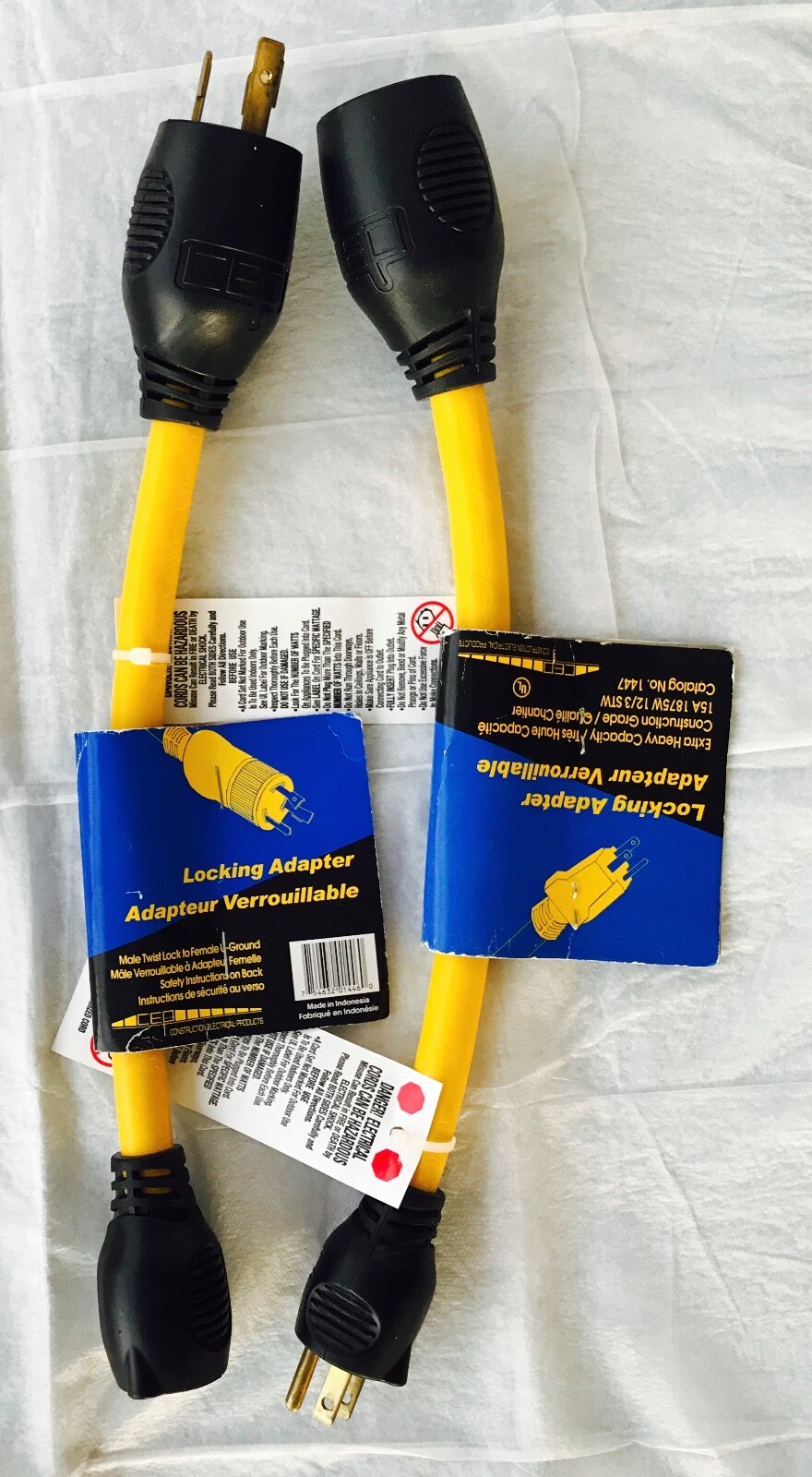 Set of 2 Electrical Locking Adapter Cords 15A 1875W 12/3STW BRAND NEW!!