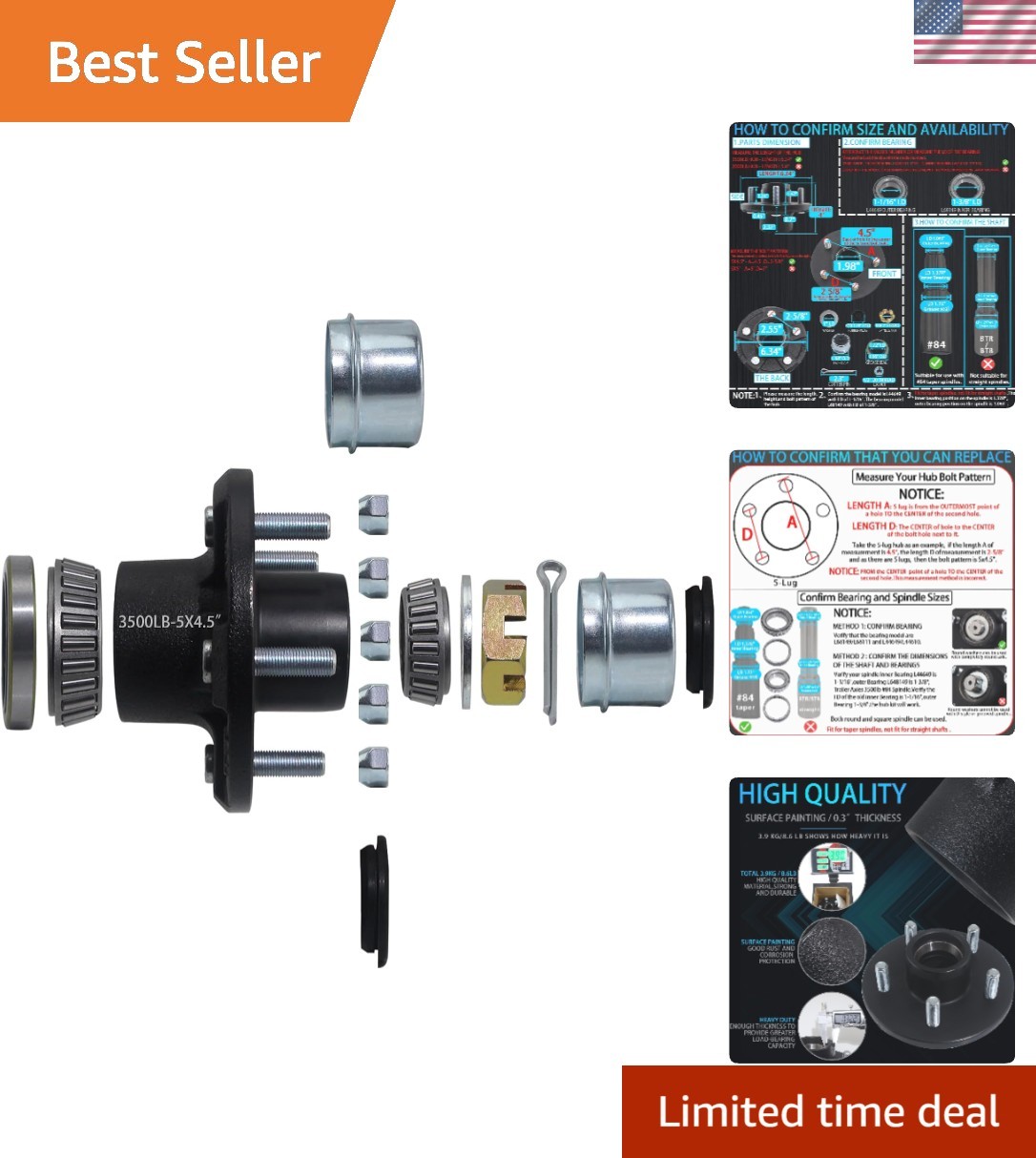 5 Lug Trailer Hub Kit 4.5 for 3500 lb Axles – Advanced Design with Extra Parts