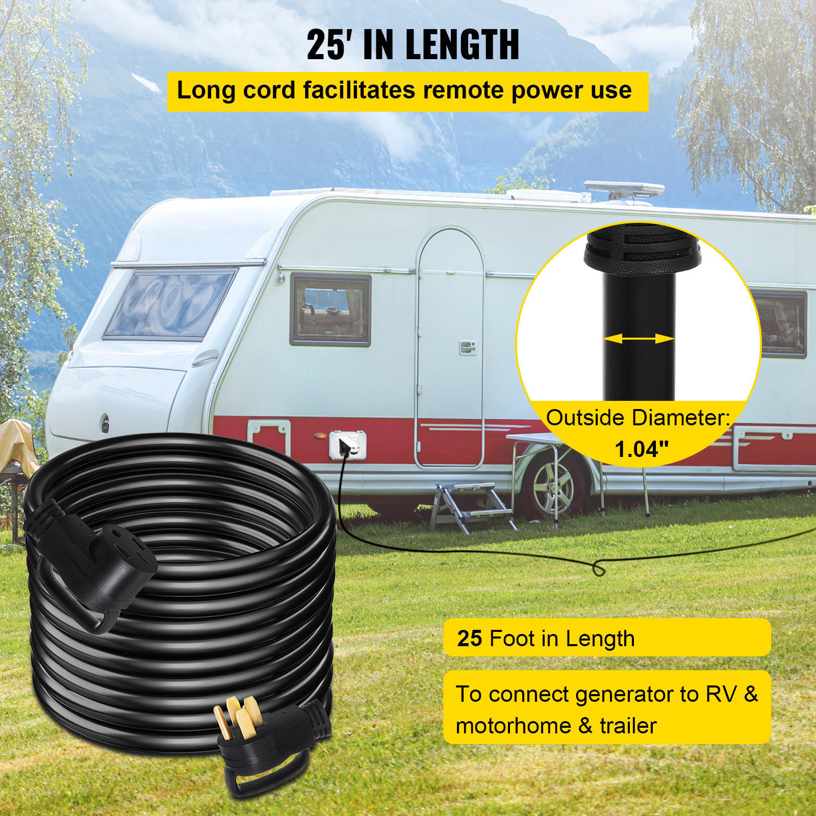 VEVOR 50A 25ft RV Extension Cord NEMA14-50P to NEMA14-50R Rain Proof Power Cable