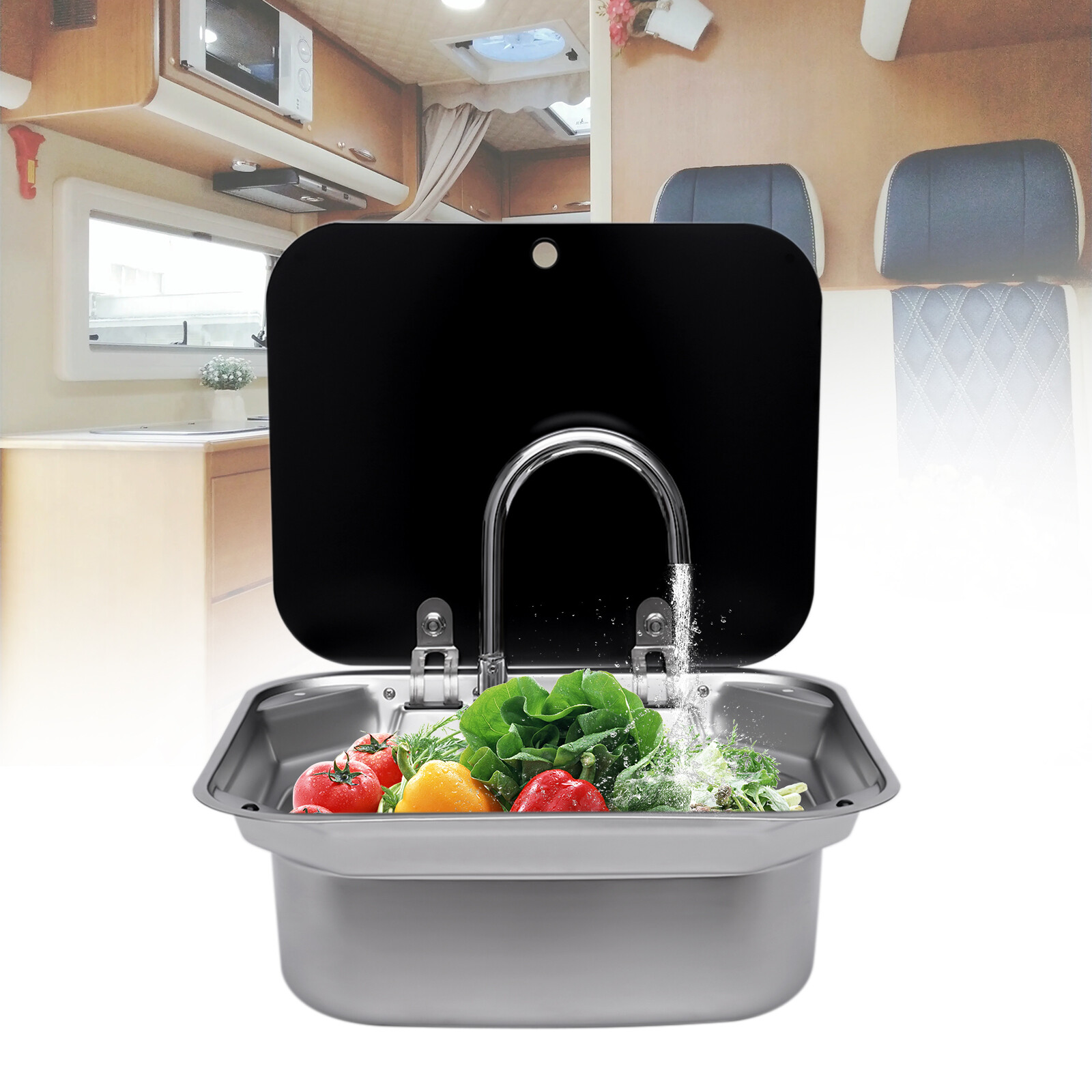 Folding RV Kitchen Sink Unit Square with Stainless Steel Faucet Lid Caravan