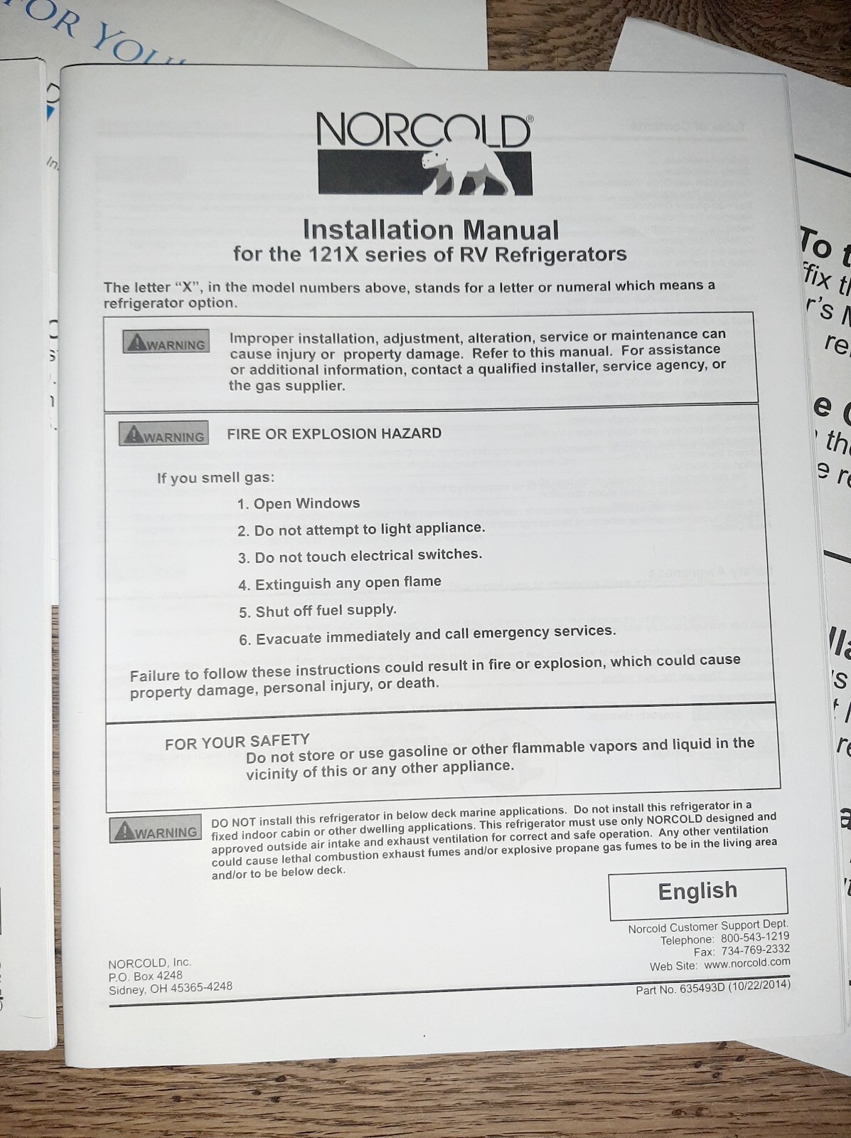 New Norcold RV Refrigerator Owners Manuals For The 121X Series English & French