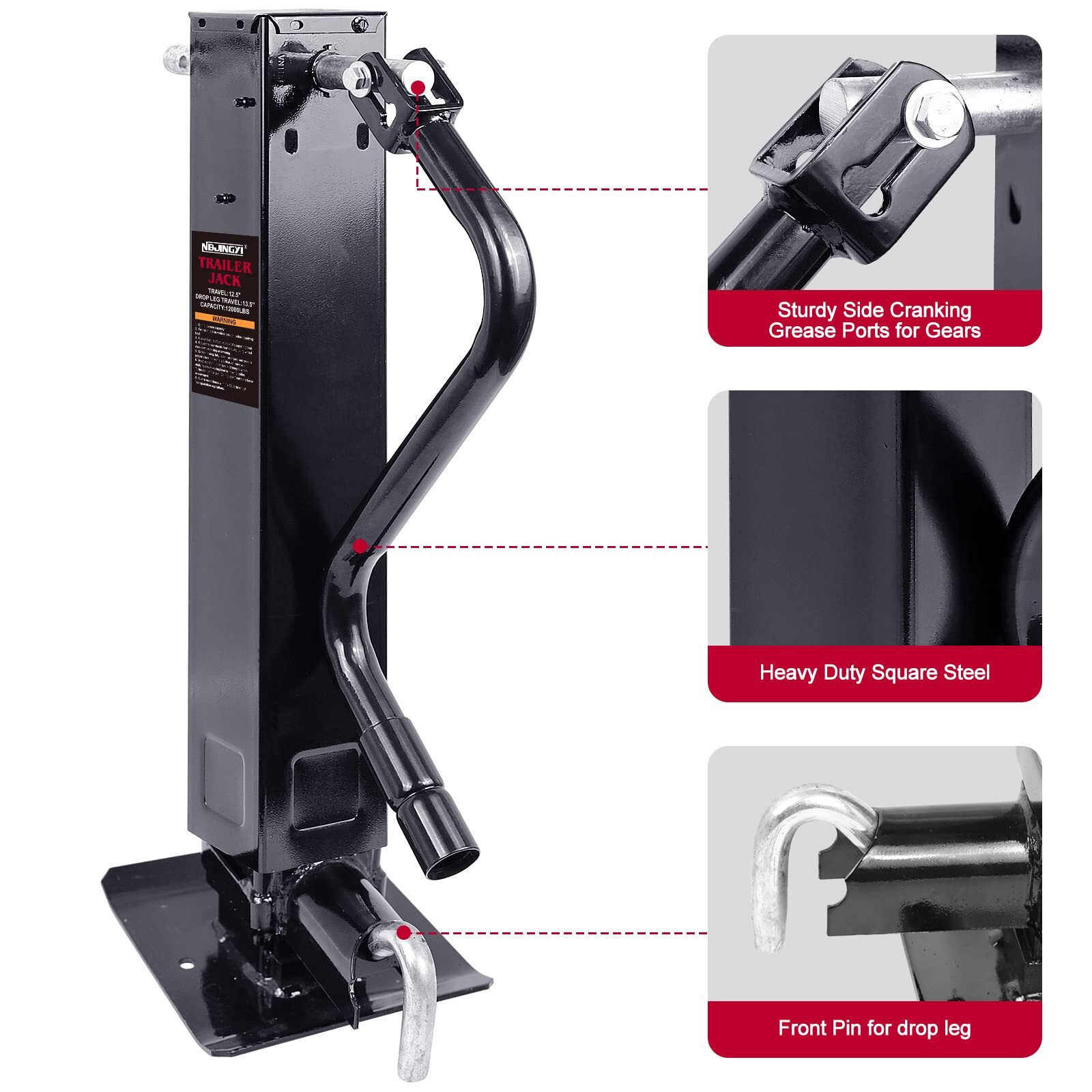 12.5″Lift 12000lbs RV Trailer Tongue Jack Stand Heavy-Duty Square Weld-on Camper