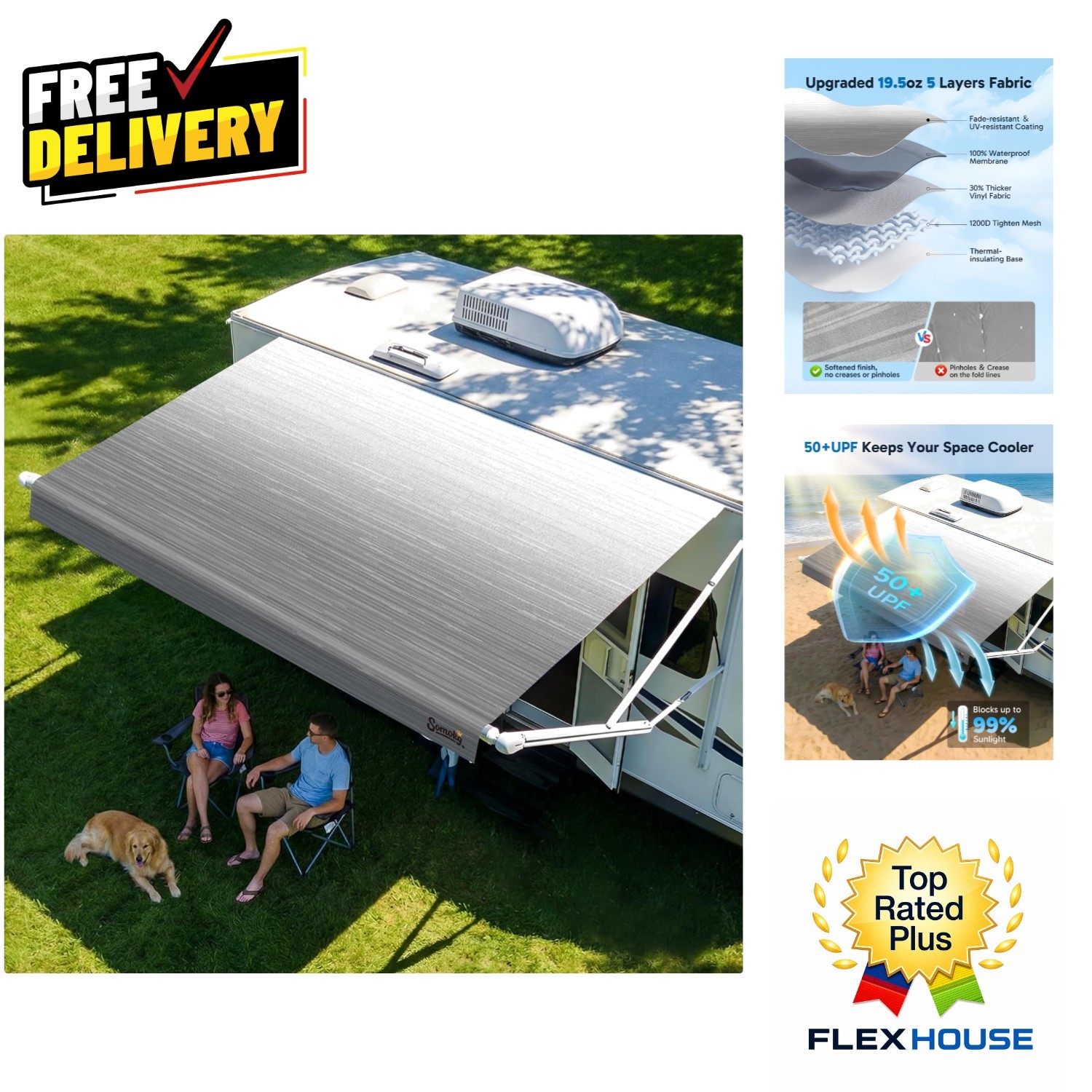 Graphite Gray 20FT RV Awning Fabric – Heat-Sealed, DIY Installation, UPF 50+