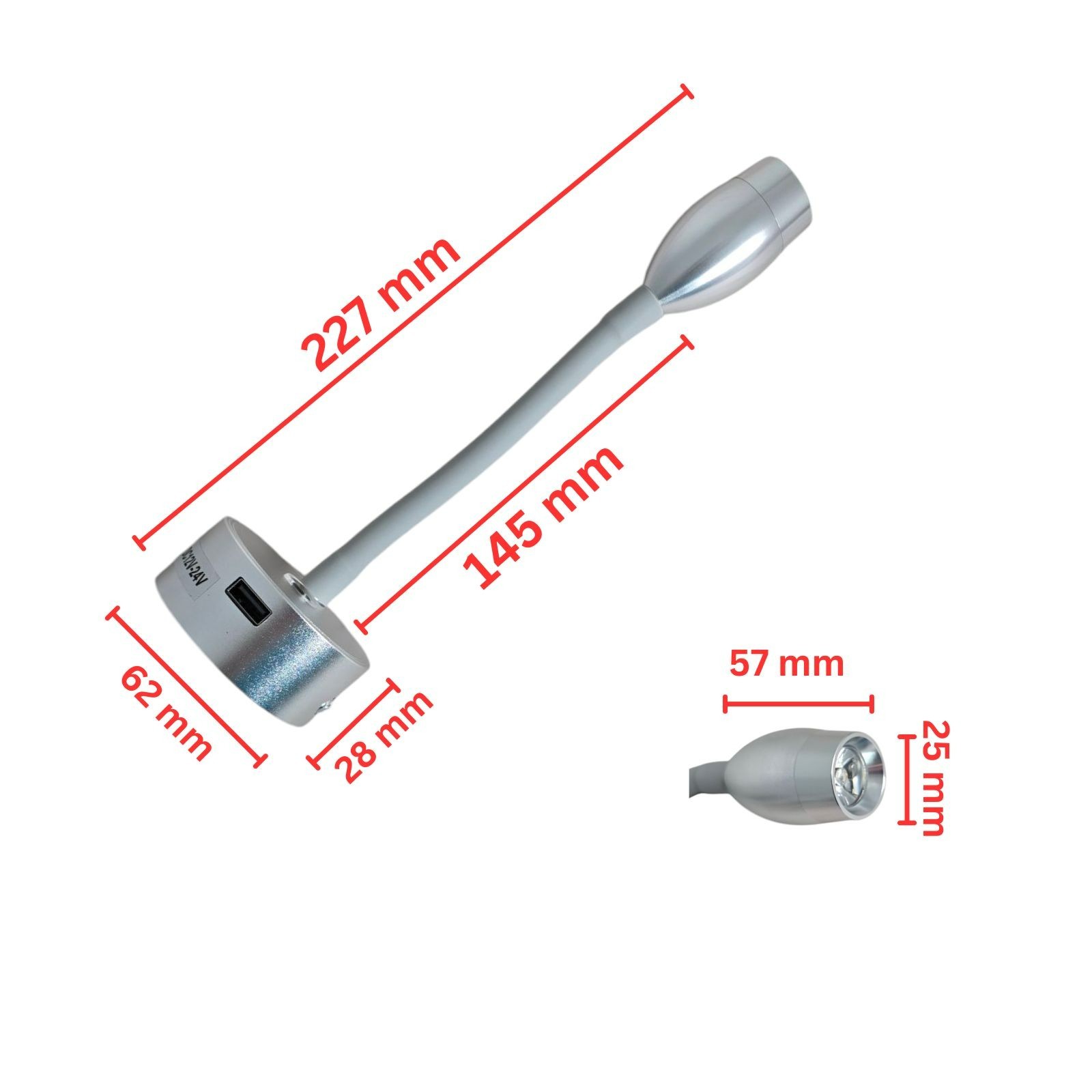 12V LED Reading Light Touch Dimmable Flexible Gooseneck Spotlight USB Campervan