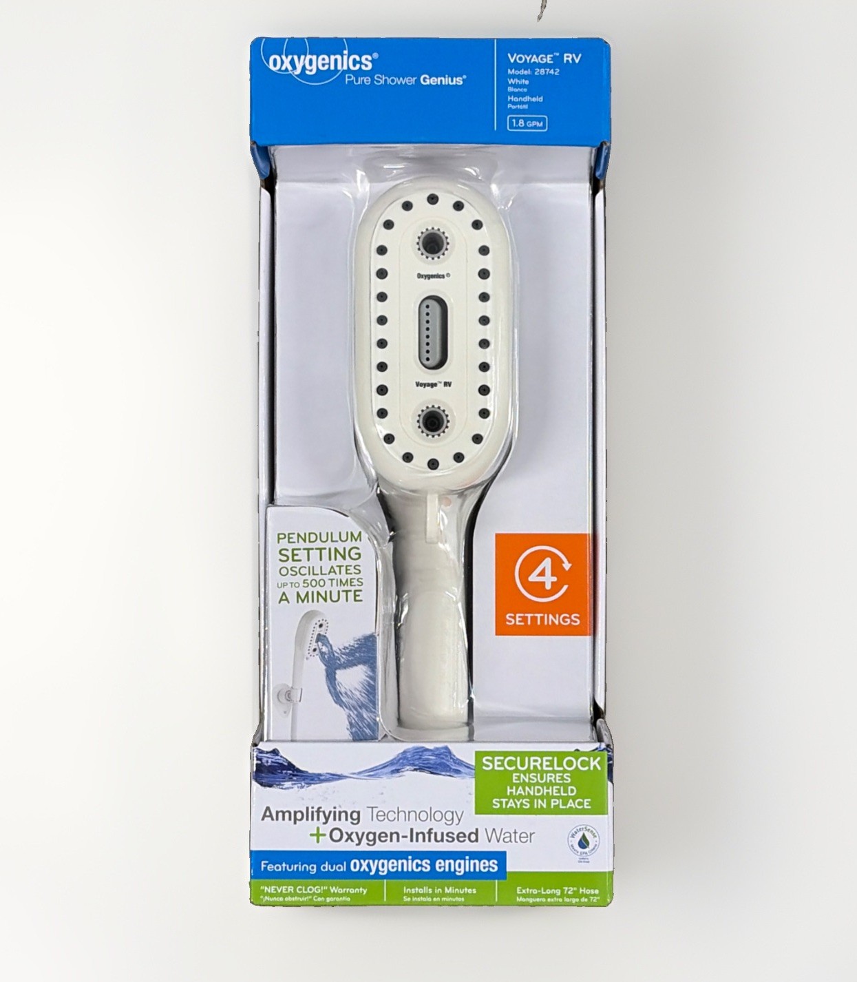 Oxygenics 28742 Shower Head Voyage RV White, 1.8 GPM 72″ Hose/Wall Mount/C-Ring