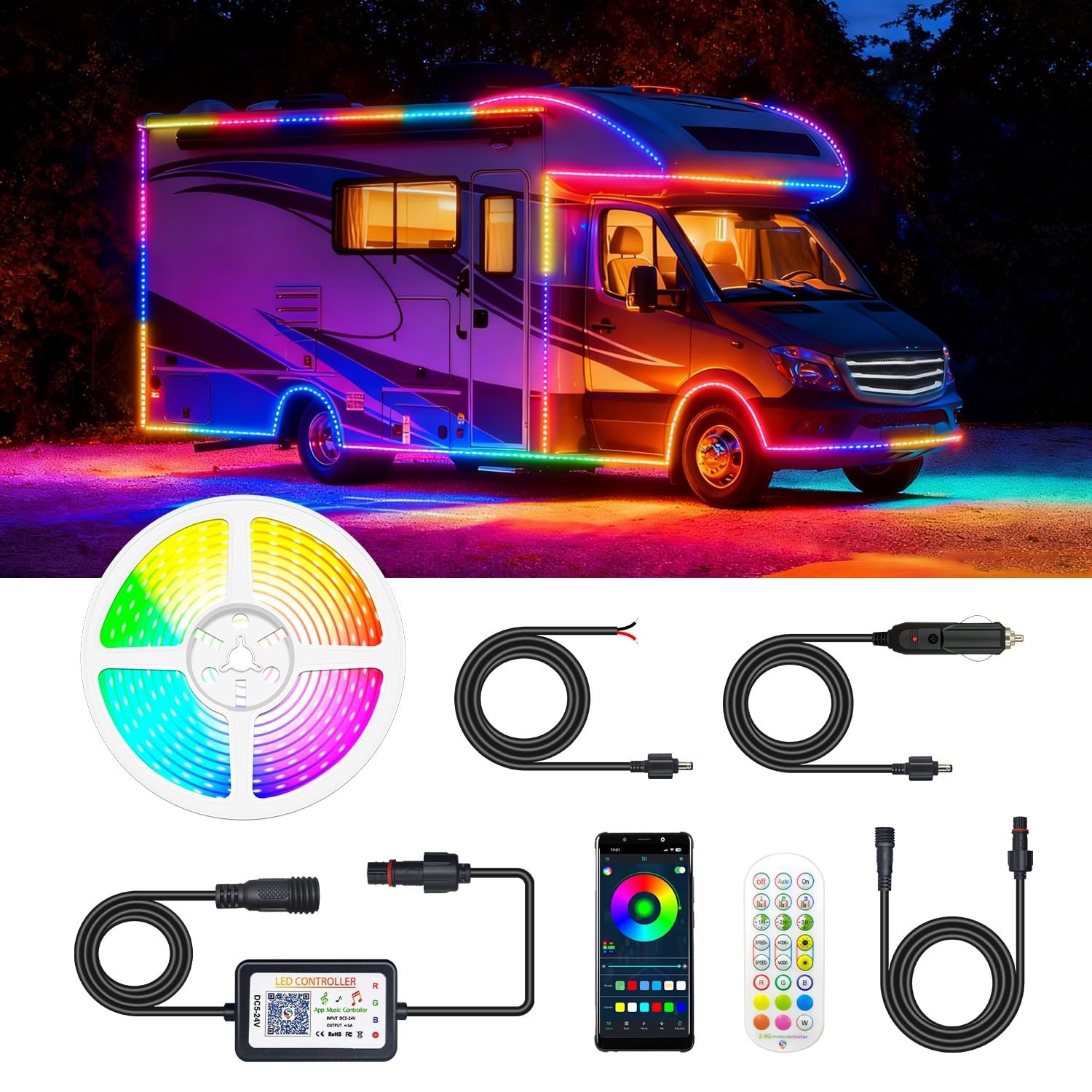 20FT Smart RGB+IC RV Awning Light Strip 12V Waterproof App/Remote Underglow