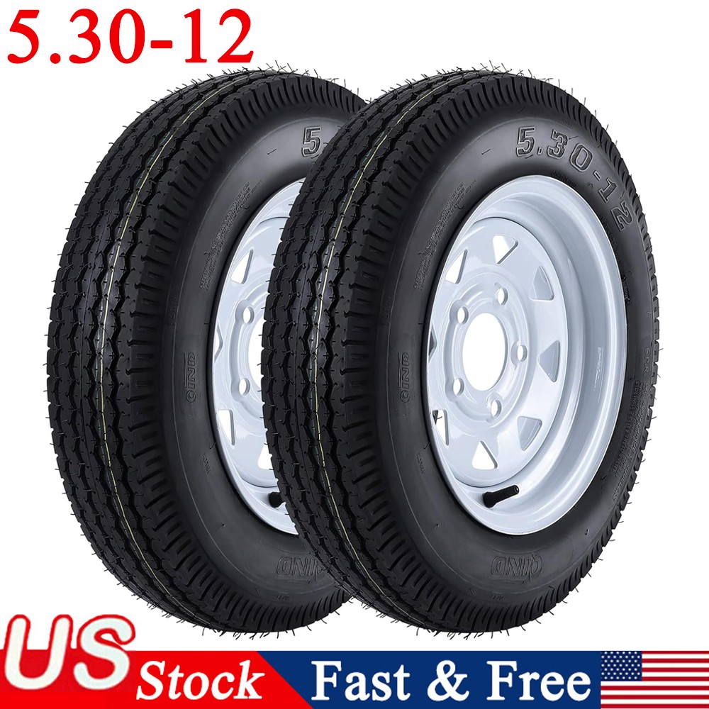 2 PCS 5.30-12 Trailer Tires with 12” Rims 530-12 5.30×12 5 Lug Load Range C 6PR