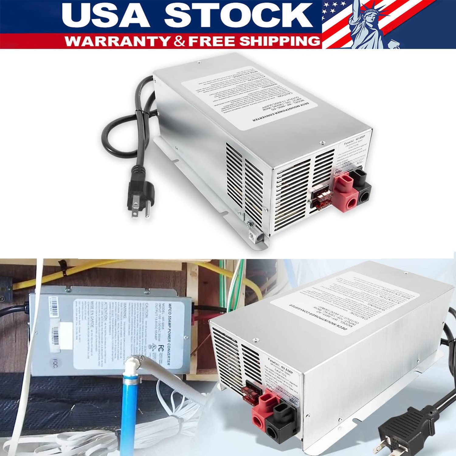 For WFCO WF-9855 55Amp Deck Mount Power Converter Charger Corded RV Camper 9800