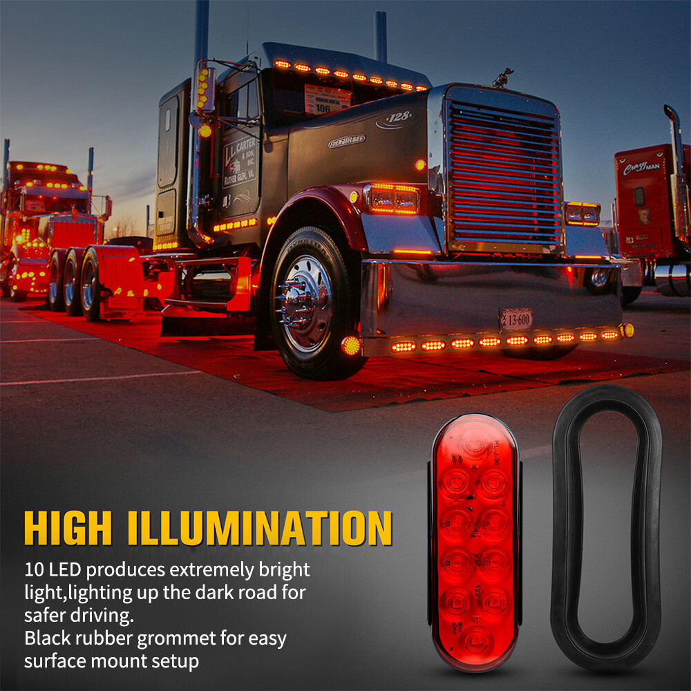 2 Red 6″ Oval Trailer Lights 10 LED Stop Turn Tail Truck Sealed Grommet Plug AAQ