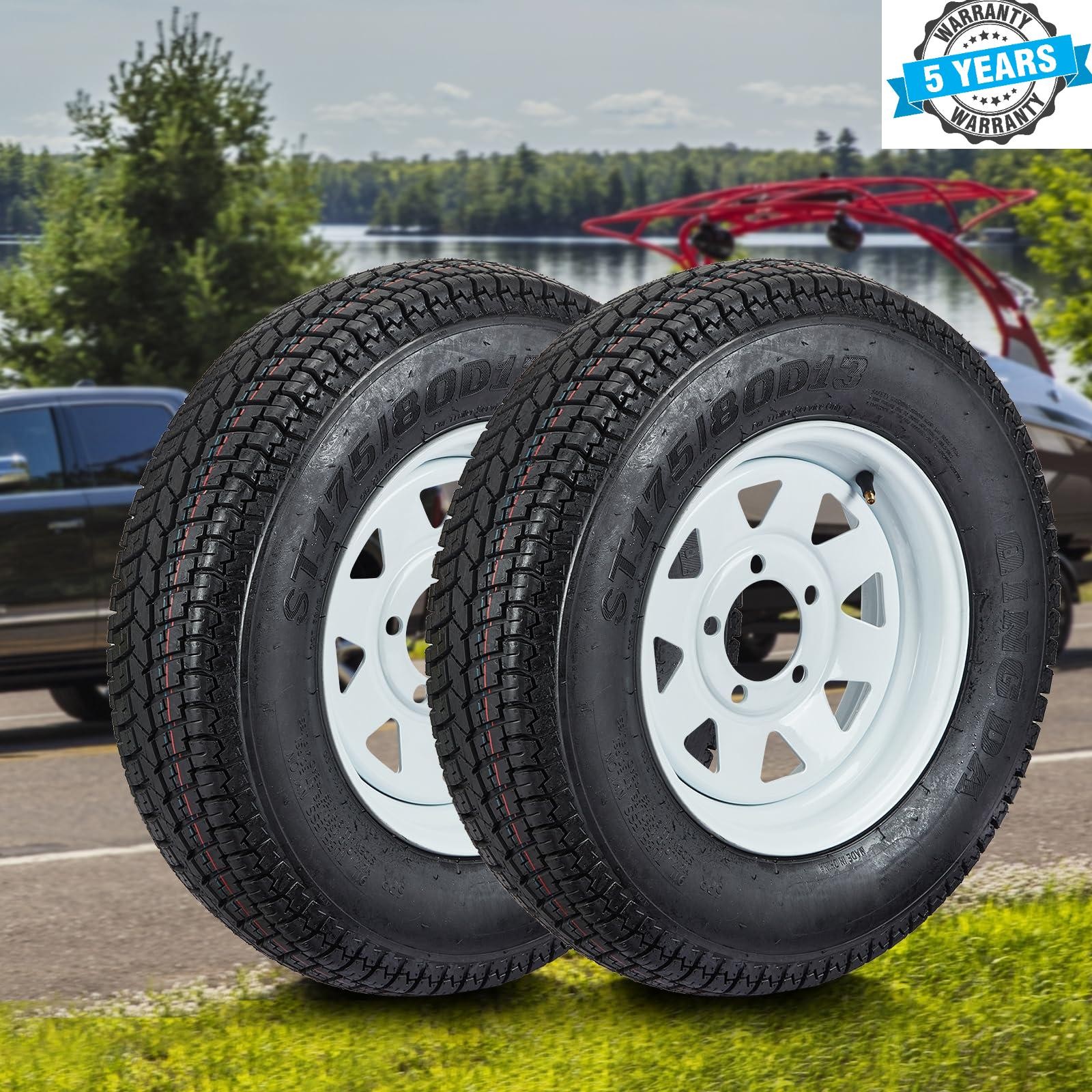 2 PK ST175/80D13 Trailer Tires and 13″ Rims Wheels 5 Lug on 4.5″ 175 80 13 Tires