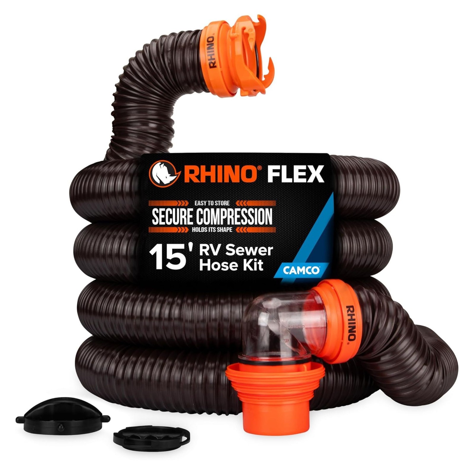 Camco RhinoFLEX 15 Ft RV Sewer Hose Kit with Clear Elbow and 4-in-1 Adapter