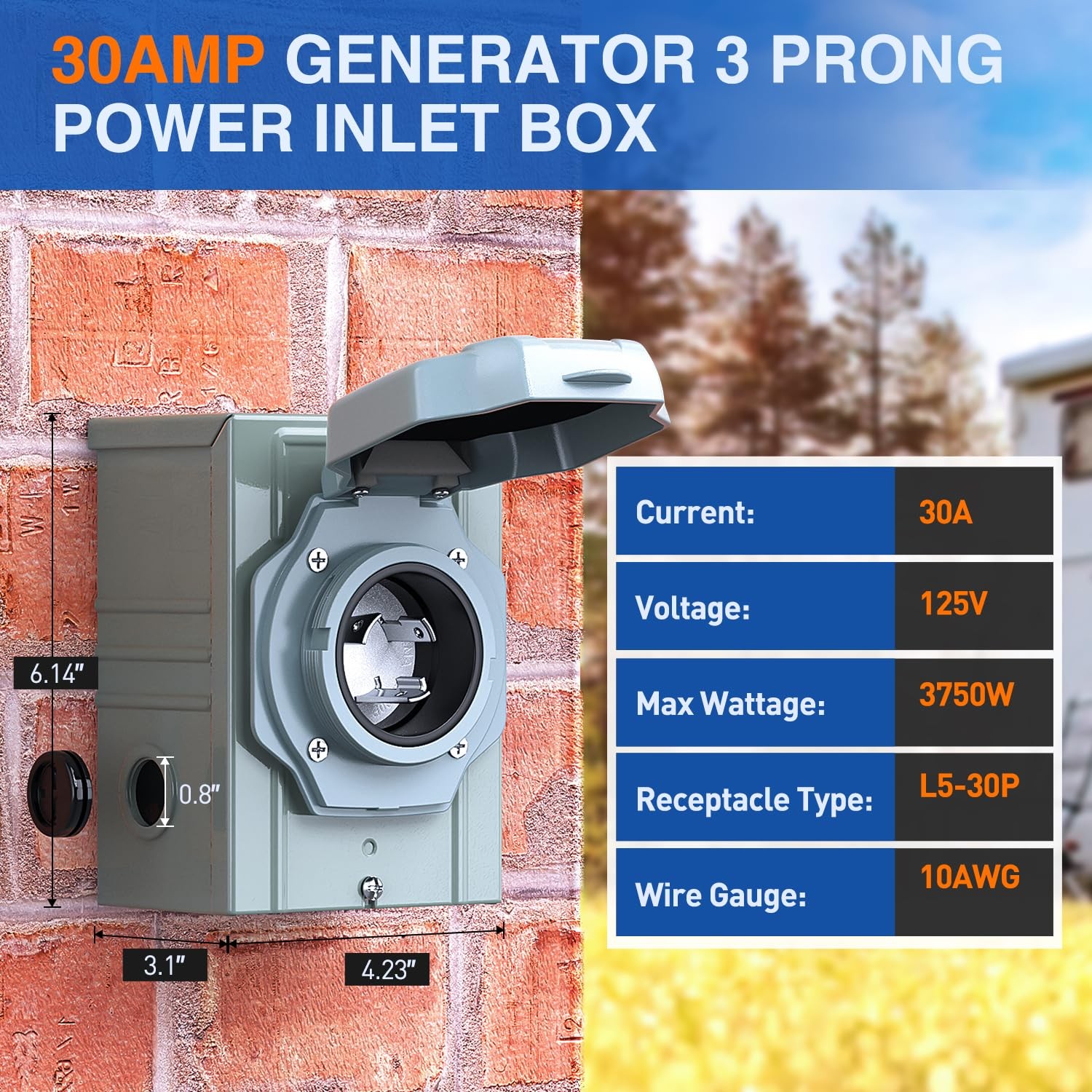 Nilight 30 AMP Generator Power Inlet Box 125V NEMA 30A 3 Prong