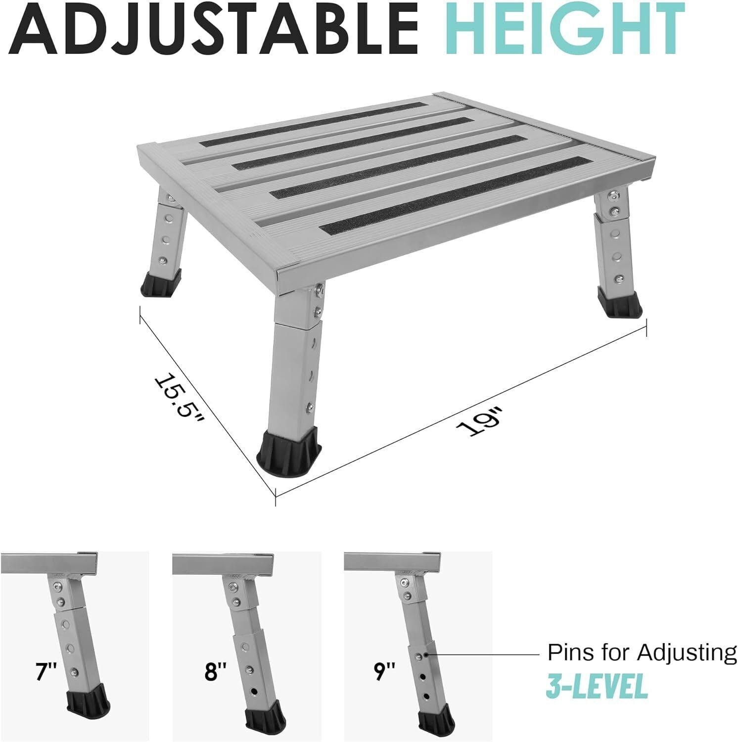 Adjustable Height Aluminum RV Step Foldable Platform Stool Non-Slip Rubber Feet