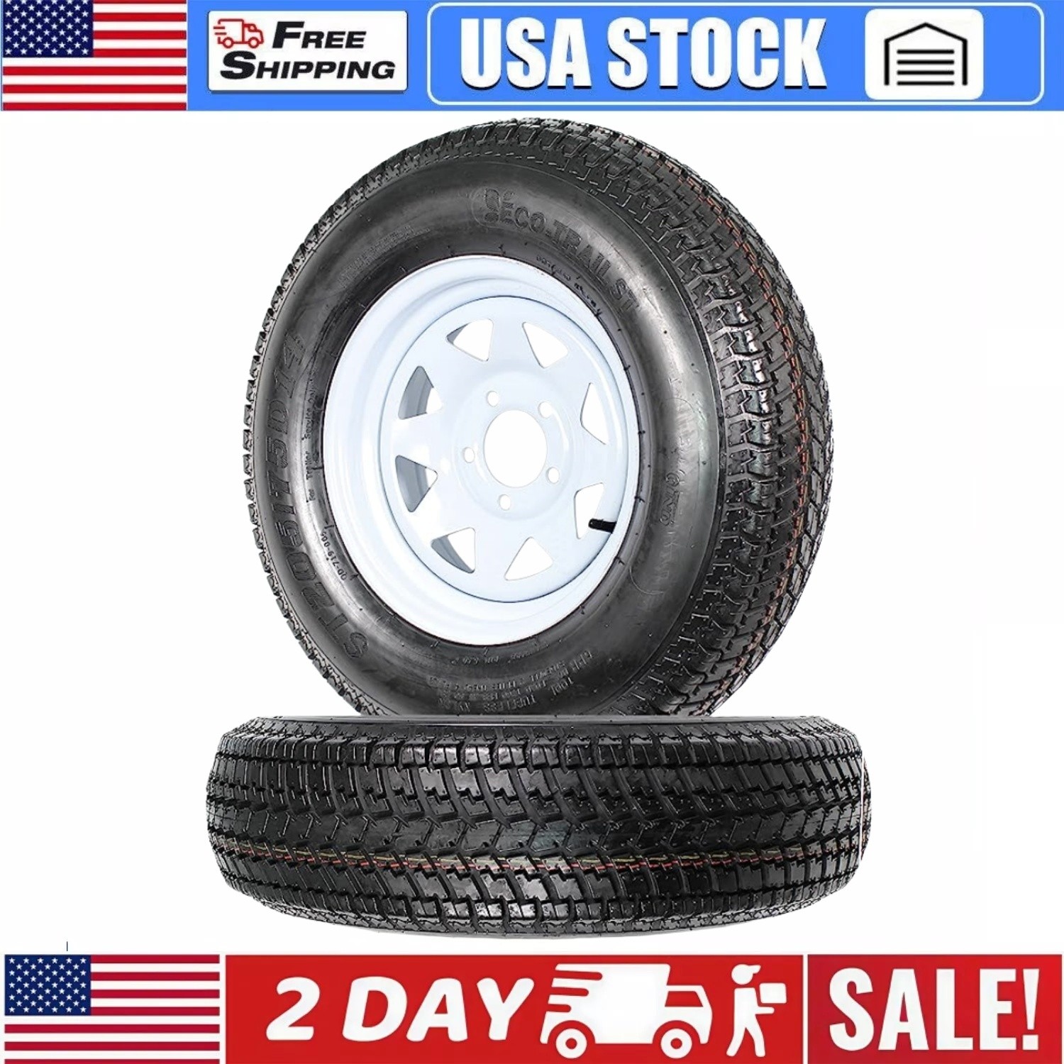 2PCS ST205/75D14 Trailer Tires with 14 in Rims 5 Lug on 4.5 in Load Range C 6PR