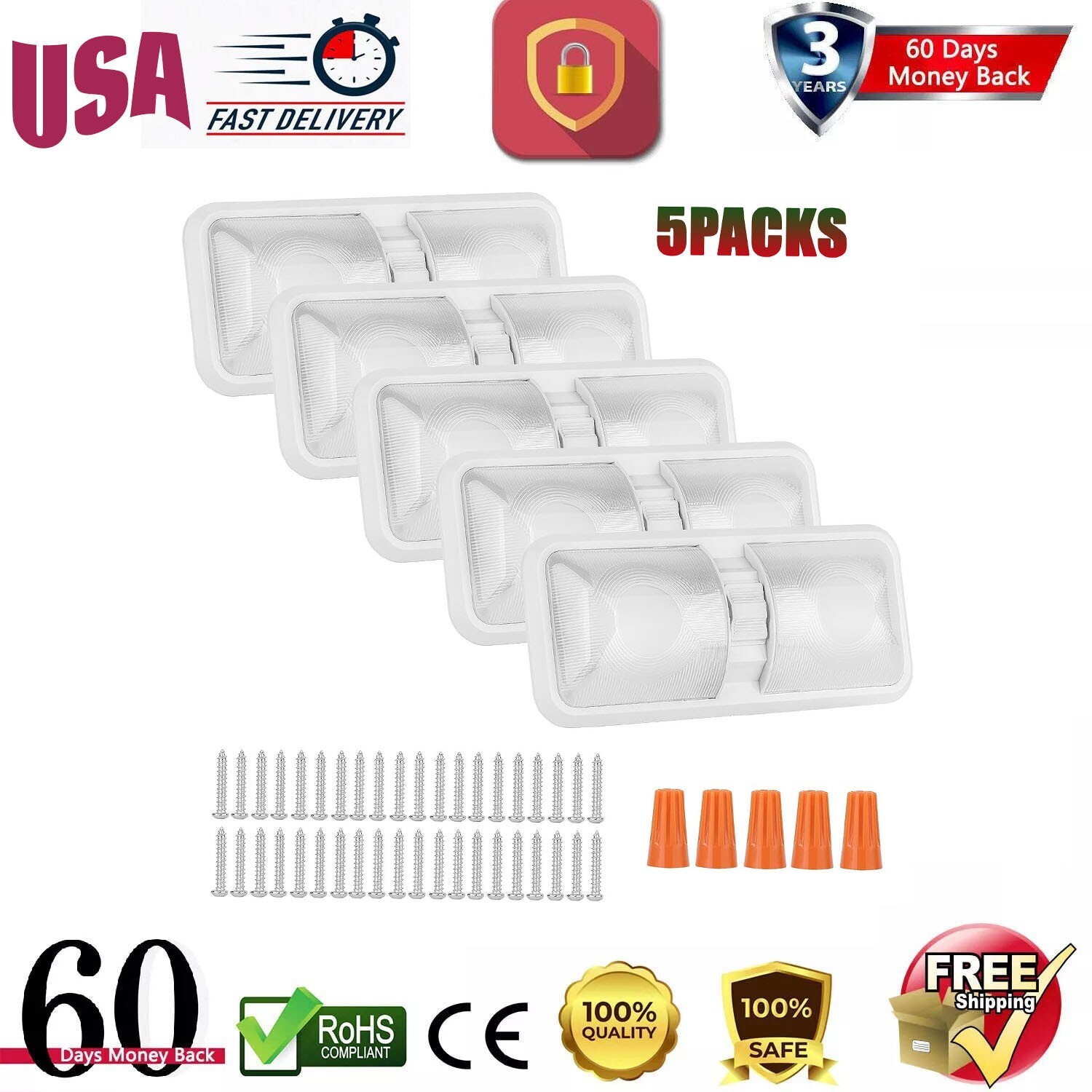 5PACKS RV LED 12V Ceiling Fixture Double Dome Light for Camper Trailer RV Marine