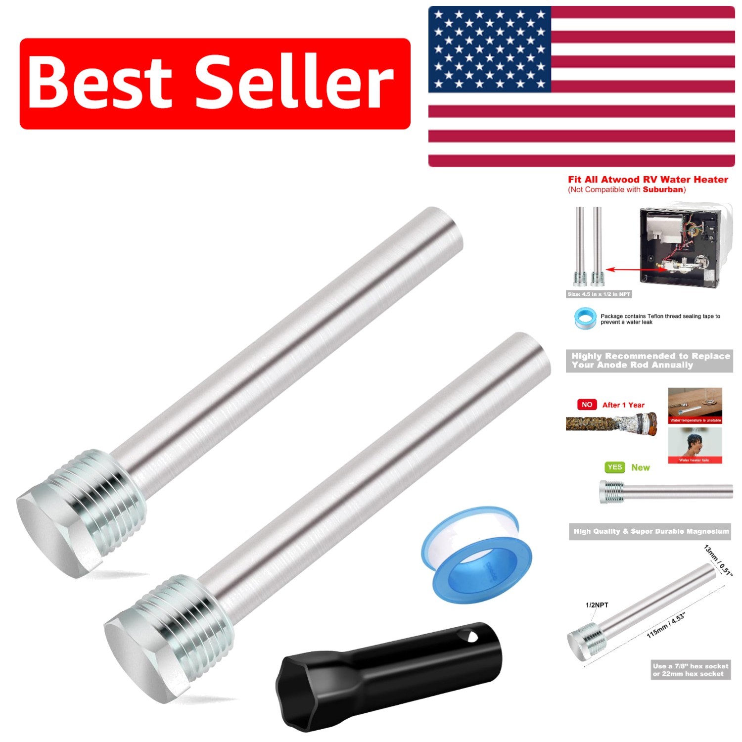 Corrosion-Resistant 4.5″ RV Water Heater Anode Rod – 2 Pack Replacement Parts