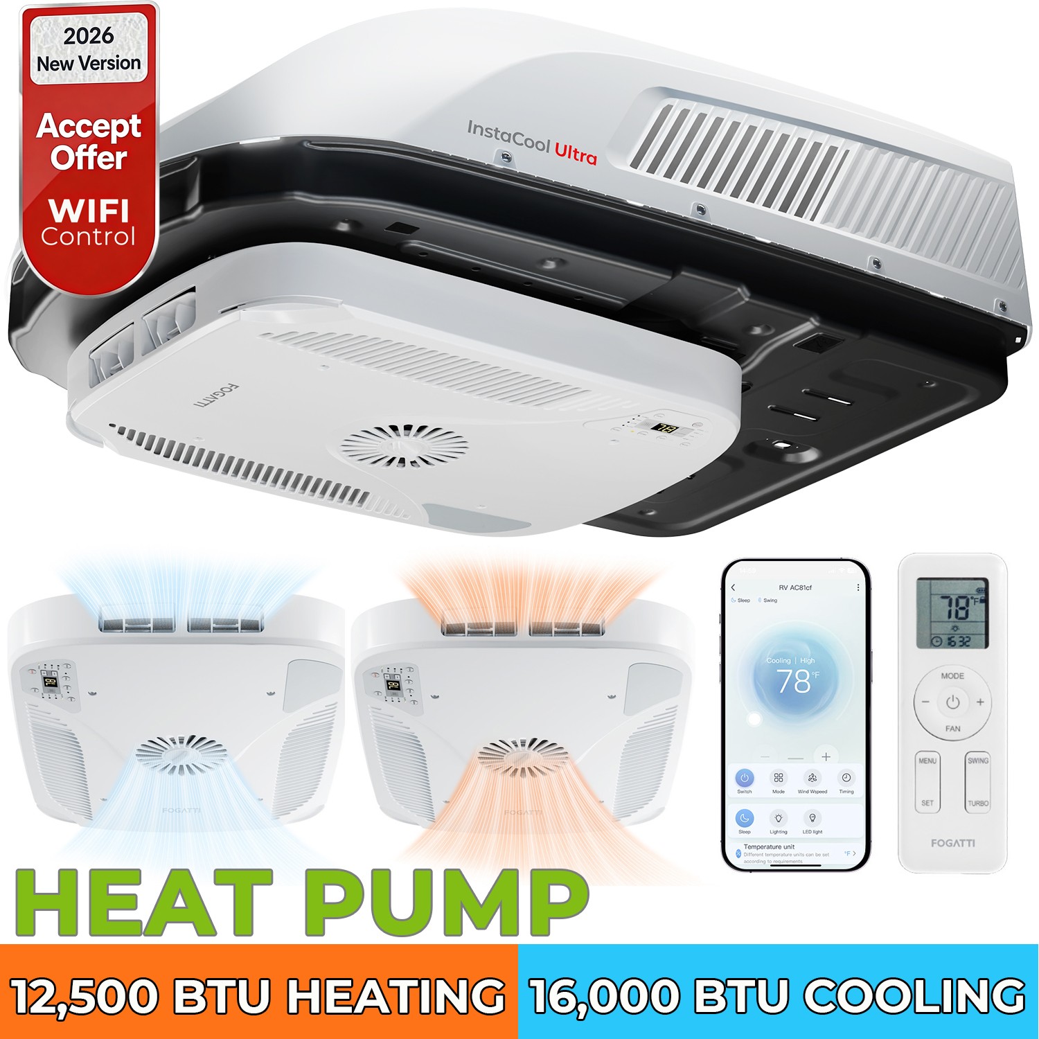 16,000 BTU RV Air Conditioner w/ Heat Pump +Cooling w/ WiFi & Remote Control
