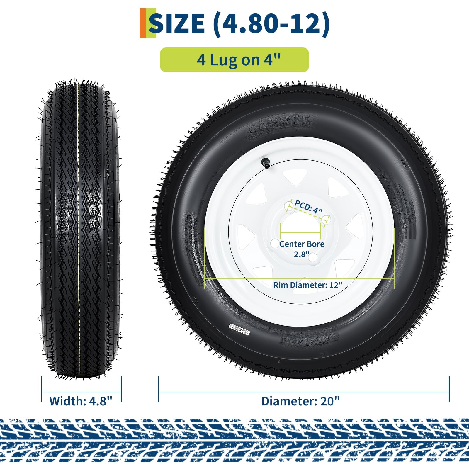 4.80-12 480X12 Trailer Tire and Wheel Assembly 4 lug 4″ PCD White Modular Wheel