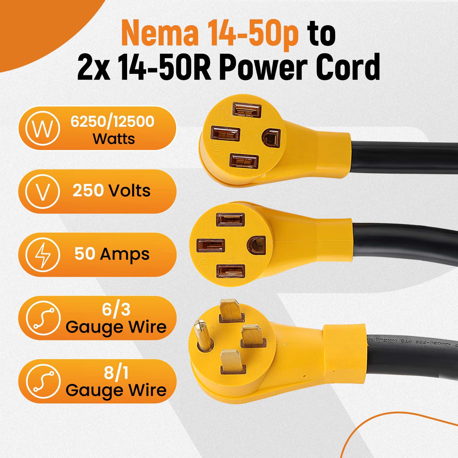 NEMA 14-50P to 2X 14-50R 50 Amp Y Splitter RV Adapter For Tesla Model 3/S/X/Y