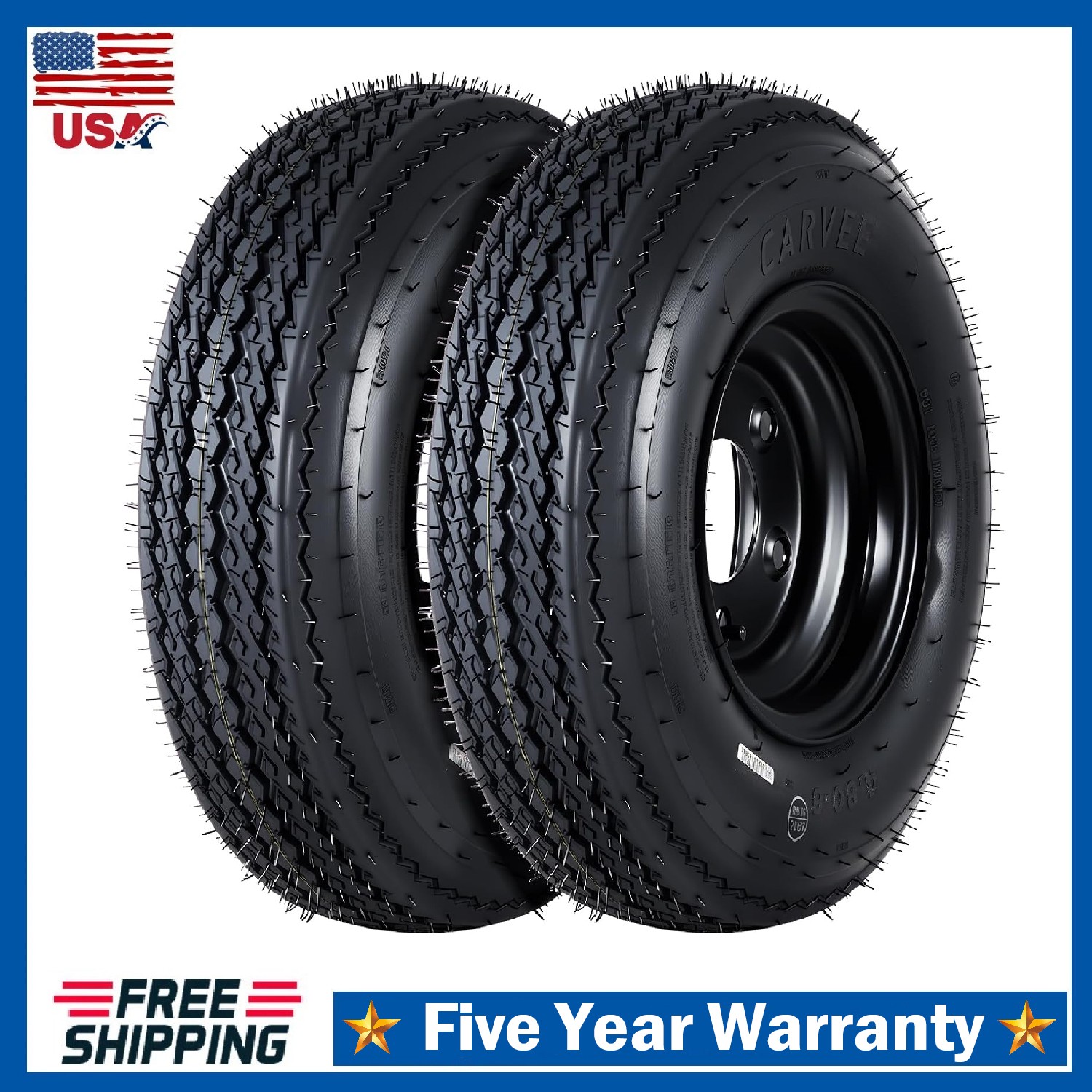 Set of 2 Trailer Tires Rims 4.80-8 480-8 4.80×8 6 Ply Black Wheels ,4 Lug on 4″