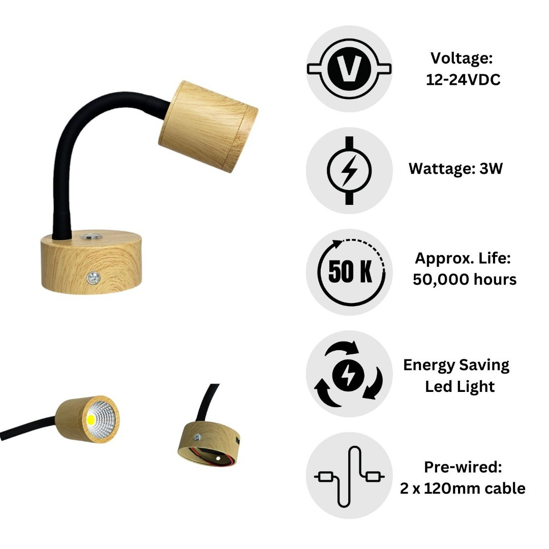 12V LED Reading Light Touch Dimmable Flexible Gooseneck Spotlight USB Campervan