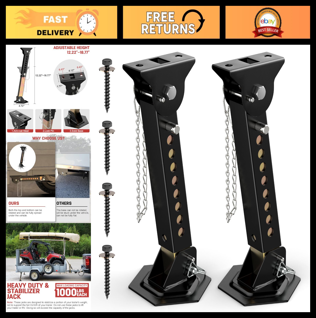 2 Pack Adjustable Trailer Stabilizer Jacks – Telescoping RV Camper Supports 1000
