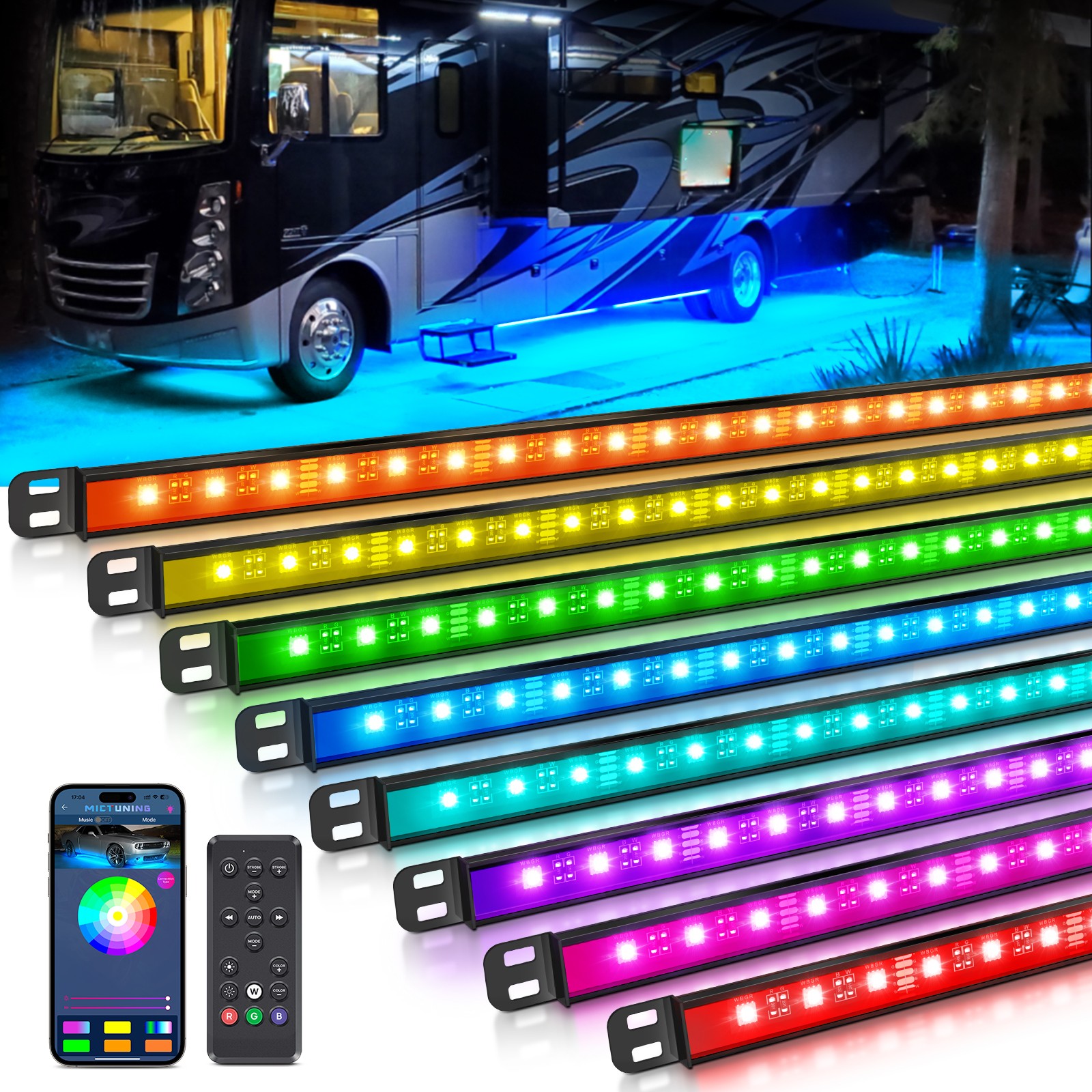 MICTUNING 8PCS RGBW Underglow Light Bars Neon Accent Underbody LED Light strip