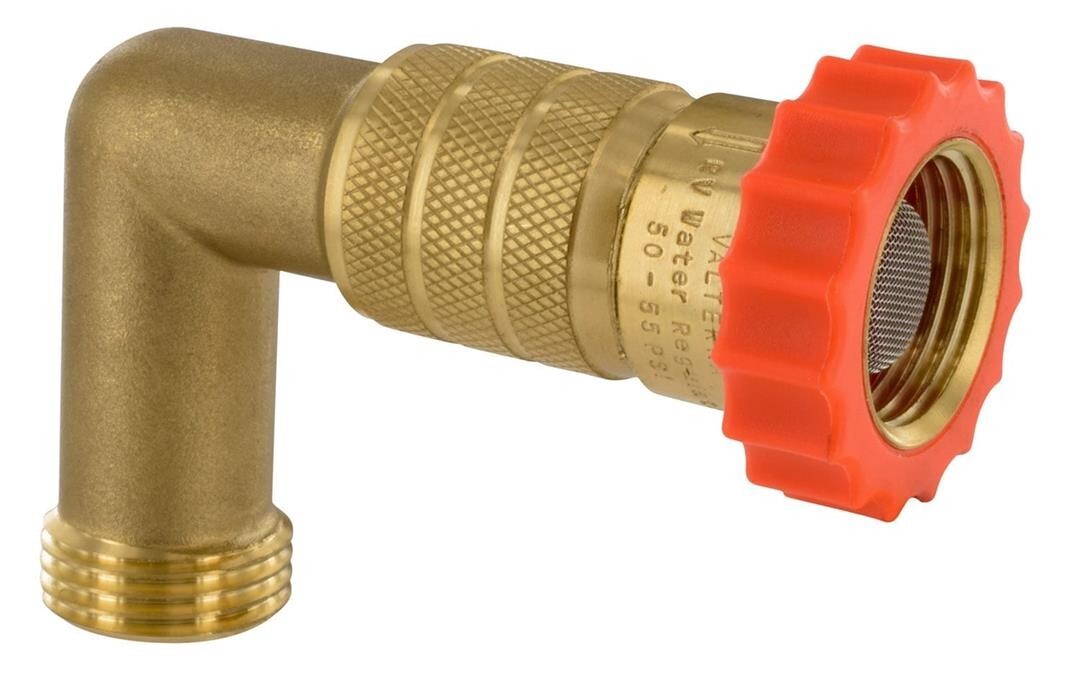 Valterra A01-2222 Brass 90° Elbow with Hi-Flow Water Regulator -Camper RV
