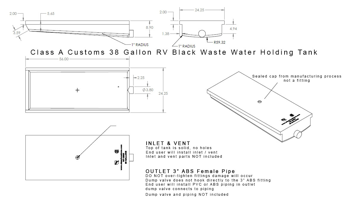 WASTE TANK 38 Gallon RV BLACK WATER gray holding trailer 56” x 24.25″ x 8.9″