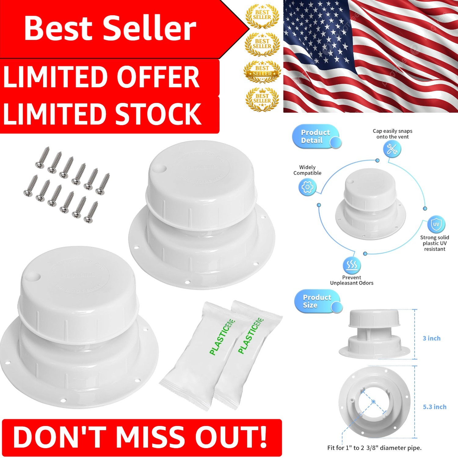 White RV Vent Cap Replacement – 2 Pack, Easy Installation for 1-2 3/8 Inch Pipes
