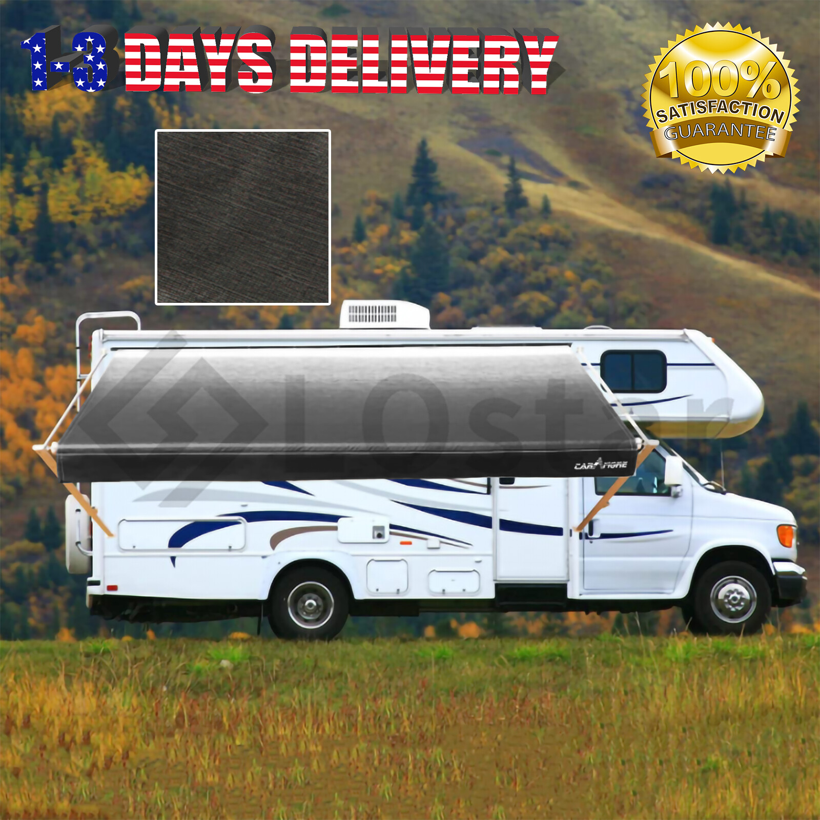 RV Awning Fabric 7’1”-18’1”Width Camper Awning Replacement Shade Charcoal Fade