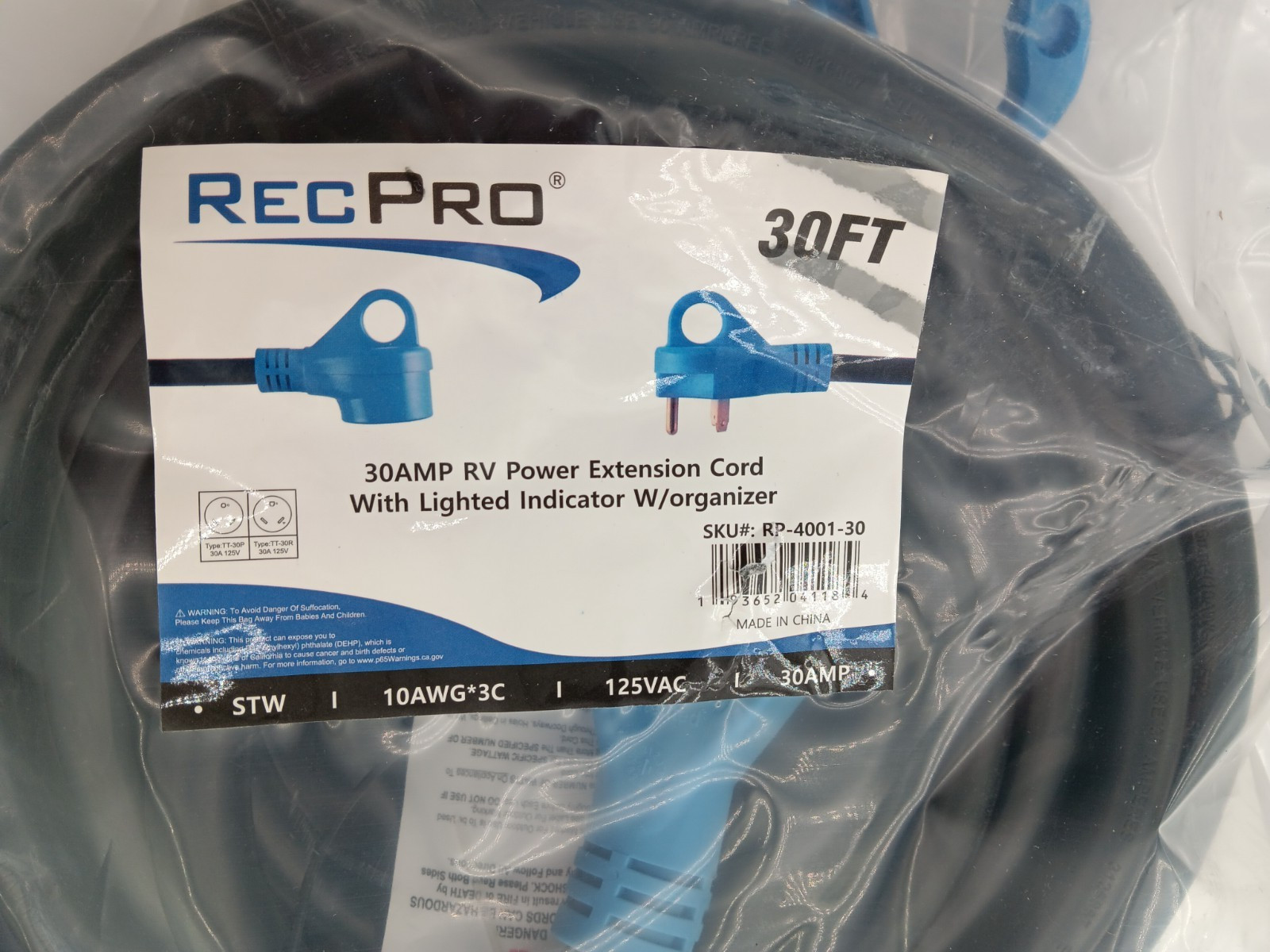 RECPRO | 30 AMP | RV POWER EXTENSION CORD WITH LIGHTED INDICATOR | W/ORGANIZER