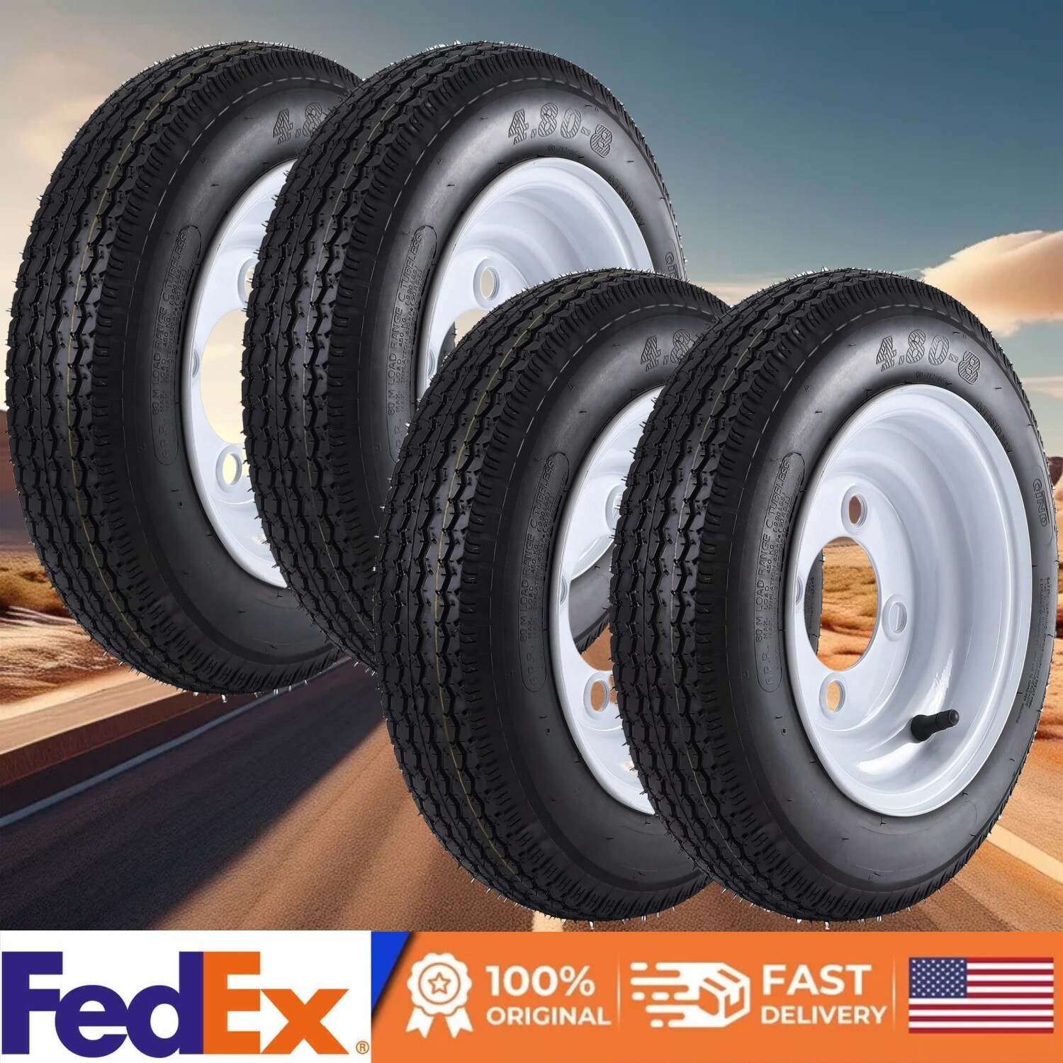 4X Trailer Tires & Wheels 8″ Rims 4 Lug on 4″ Pitch Load Range C 4.80-8 4.80×8