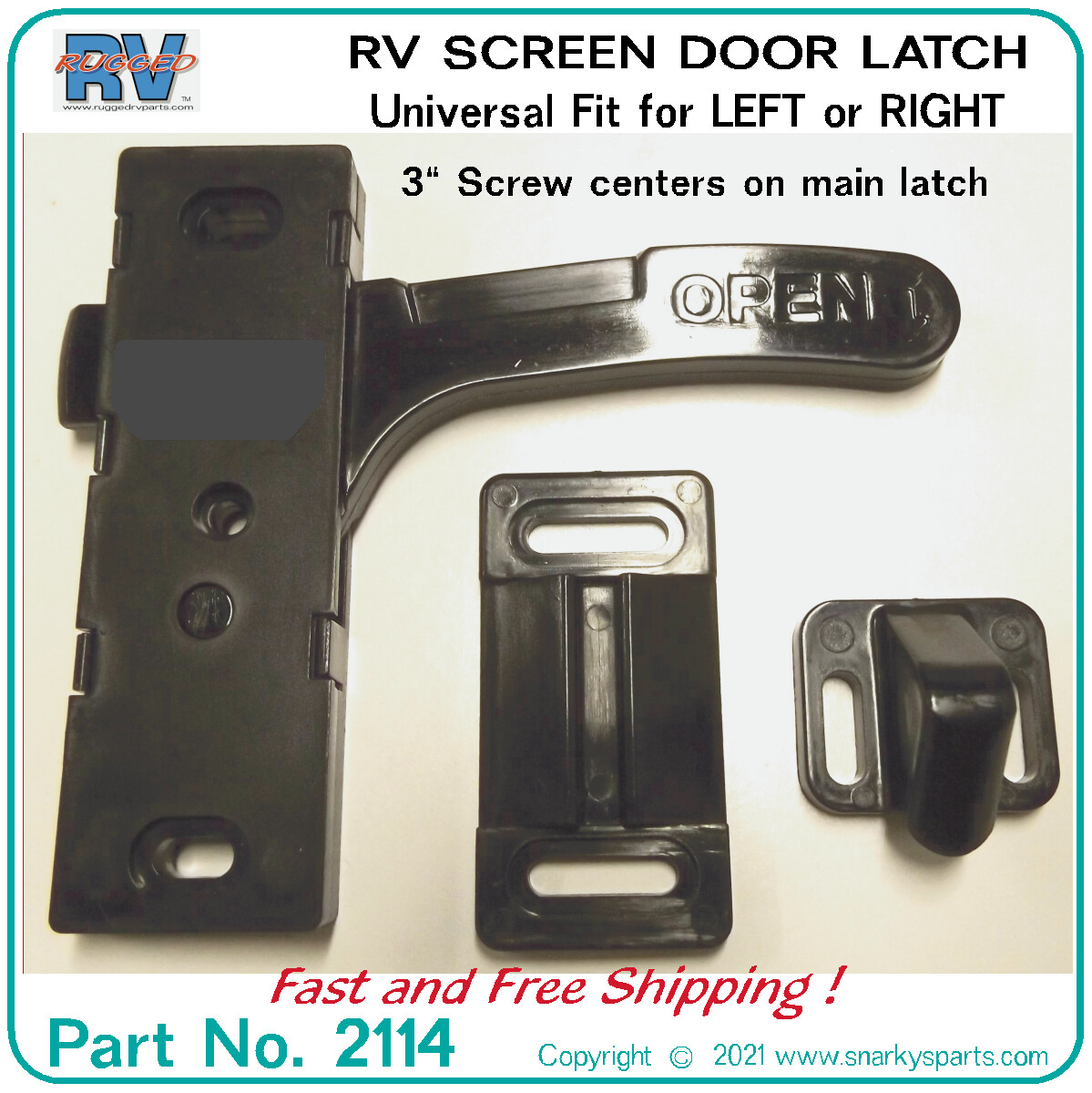 RV SCREEN DOOR LATCH. Fits Left or Right E285 / E287 Camper 3″ centers on latch