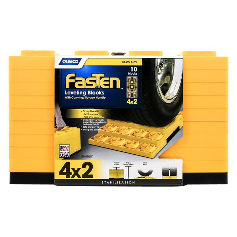 Camco 44515 FasTen Yellow Leveling Blocks w T-Handle 10 Pieces