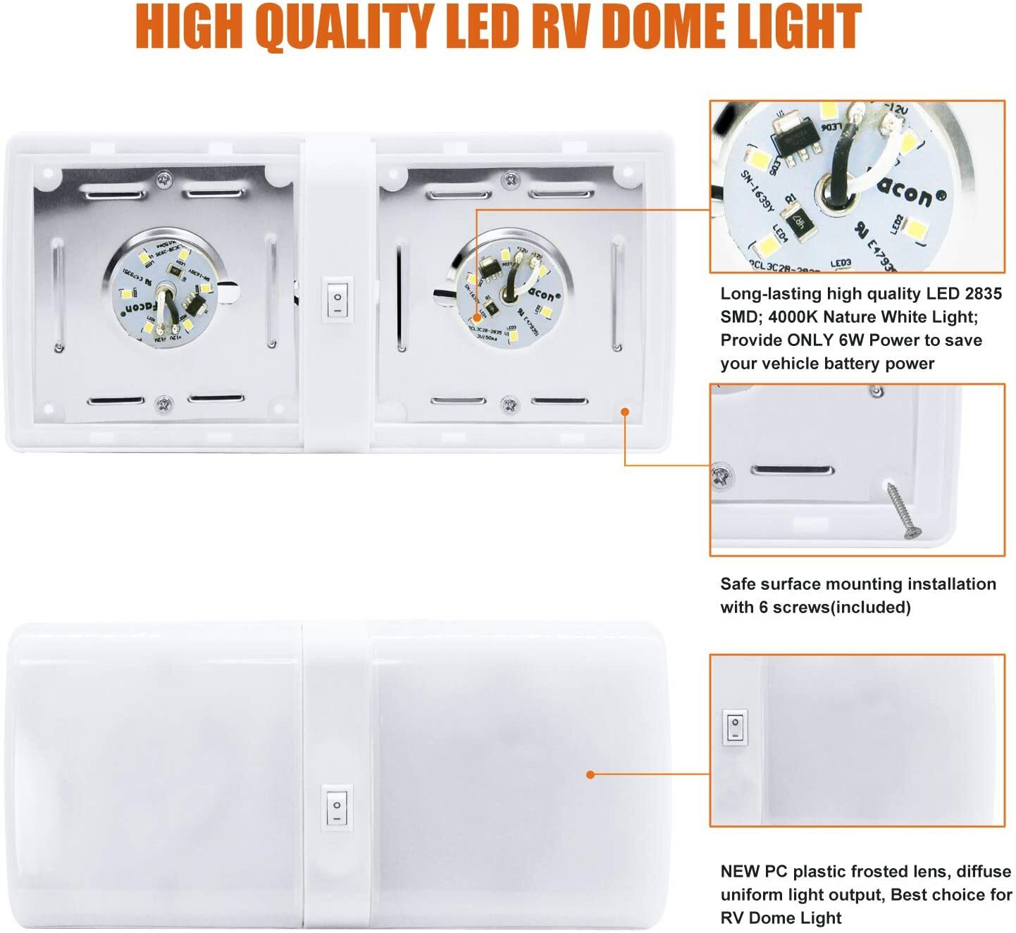 Facon 2Pcs Double Dome Light 12V DC LED RV Caravans Interior Light w/Switch
