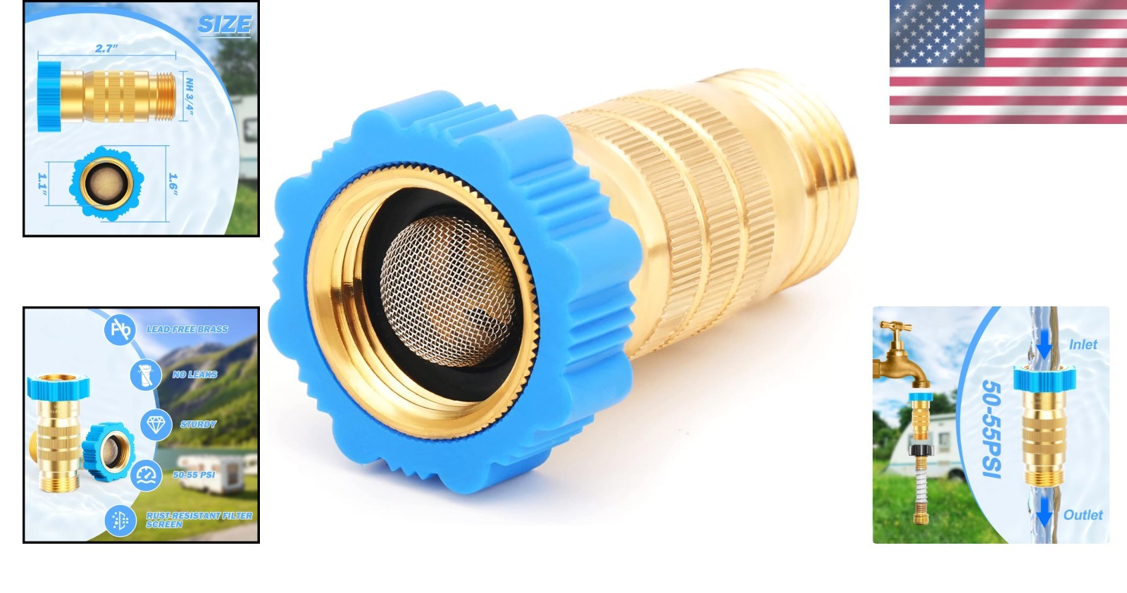 Inline Water Pressure Reducer 3/4 Inch, Universal Brass Regulator for RV Systems