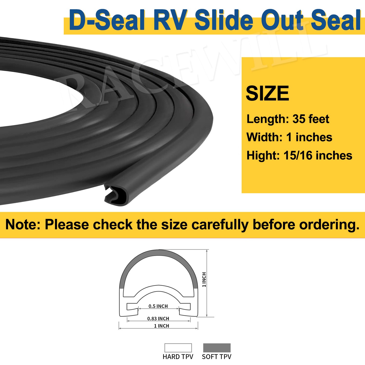 Combo RV Slide Out Seal 1×15/16×35 D-Seal Wiper & 1/2x 2.75 x 35’ Seal Base New