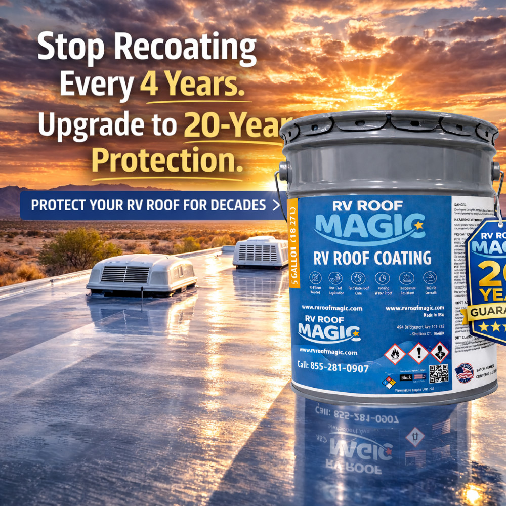 RV ROOF MAGIC – Fix RV Roof Leaks 4 Gallon Pail White Liquid Rubber Sealant Cove