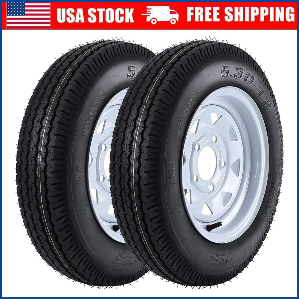 2 Pack 5.30-12 5.30×12 530-12 5.30-12 Trailer Tires with 12” Rims 5 Lug on 4.5′