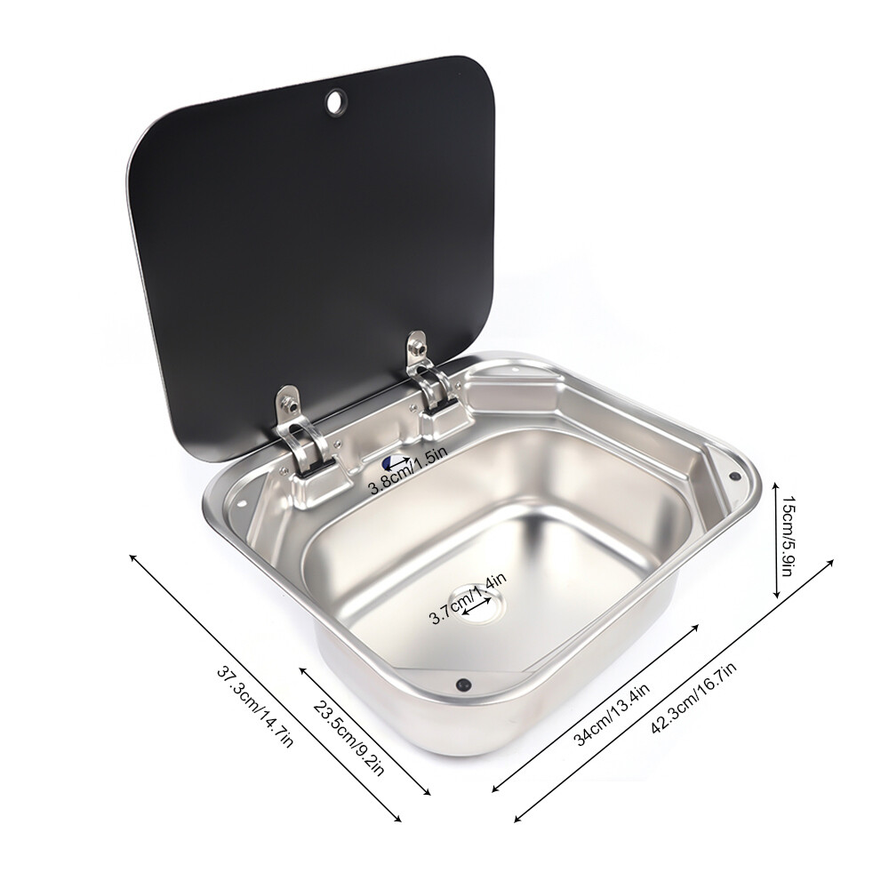 RV Caravan Camper Sink Stainless Steel Hand Wash Basin & Glass Lid & Faucet