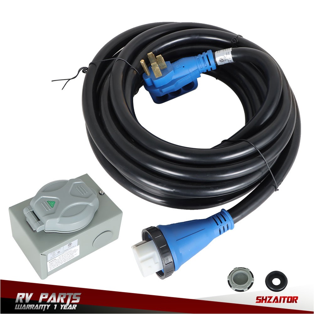 30FT 50Amp RV Extension Cord + Power Inlet Box Combo Kit Twist Lock + LED
